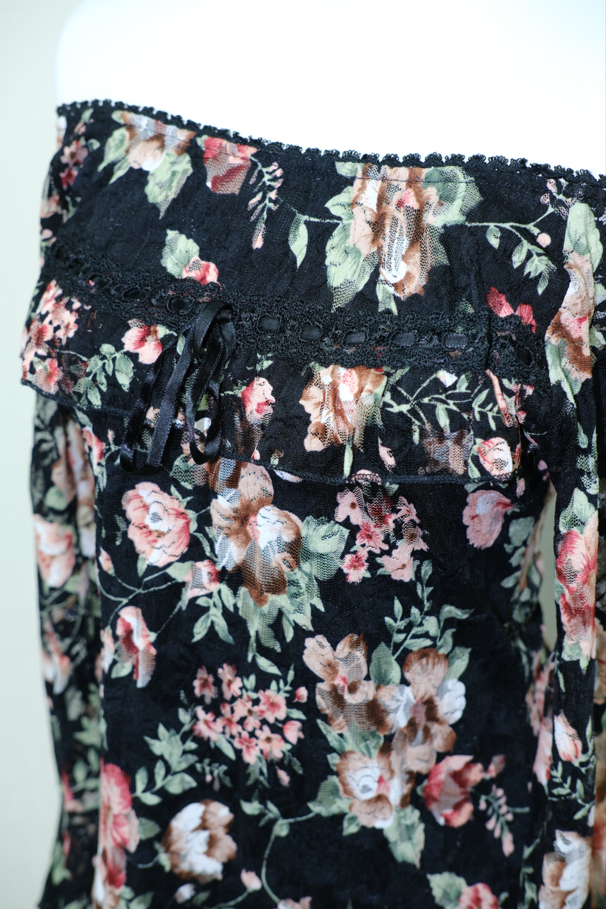 Black Floral Print Sheer Mesh Off-the-Shoulder Ruffle Blouse