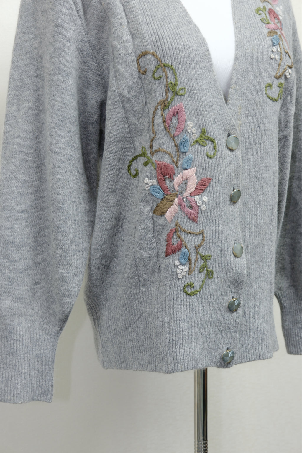 Heather Grey Embroidered Floral V-Neck Cardigan