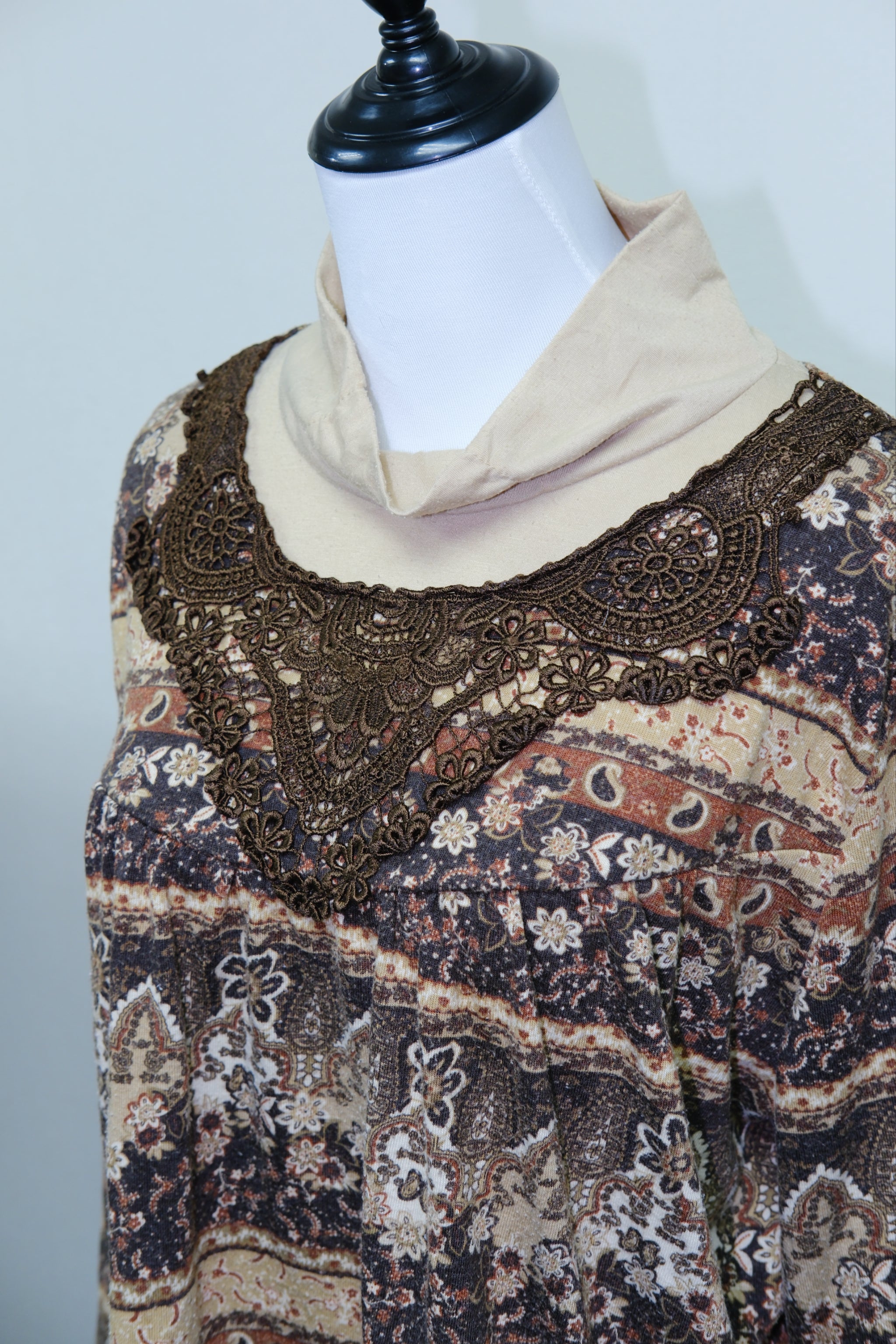 Boho Paisley Floral Print Cowl Neck Blouse with Crochet Lace