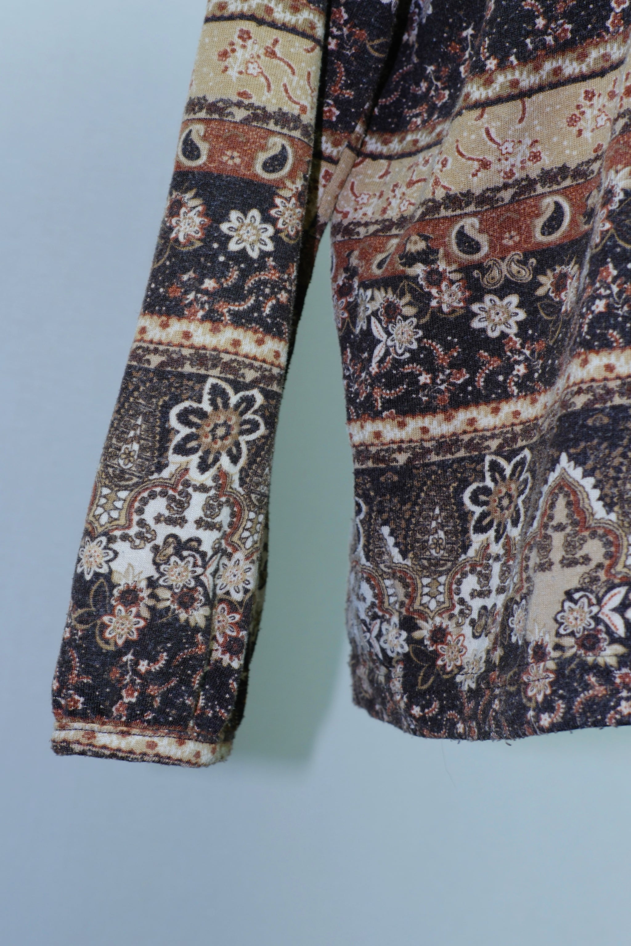 Boho Paisley Floral Print Cowl Neck Blouse with Crochet Lace