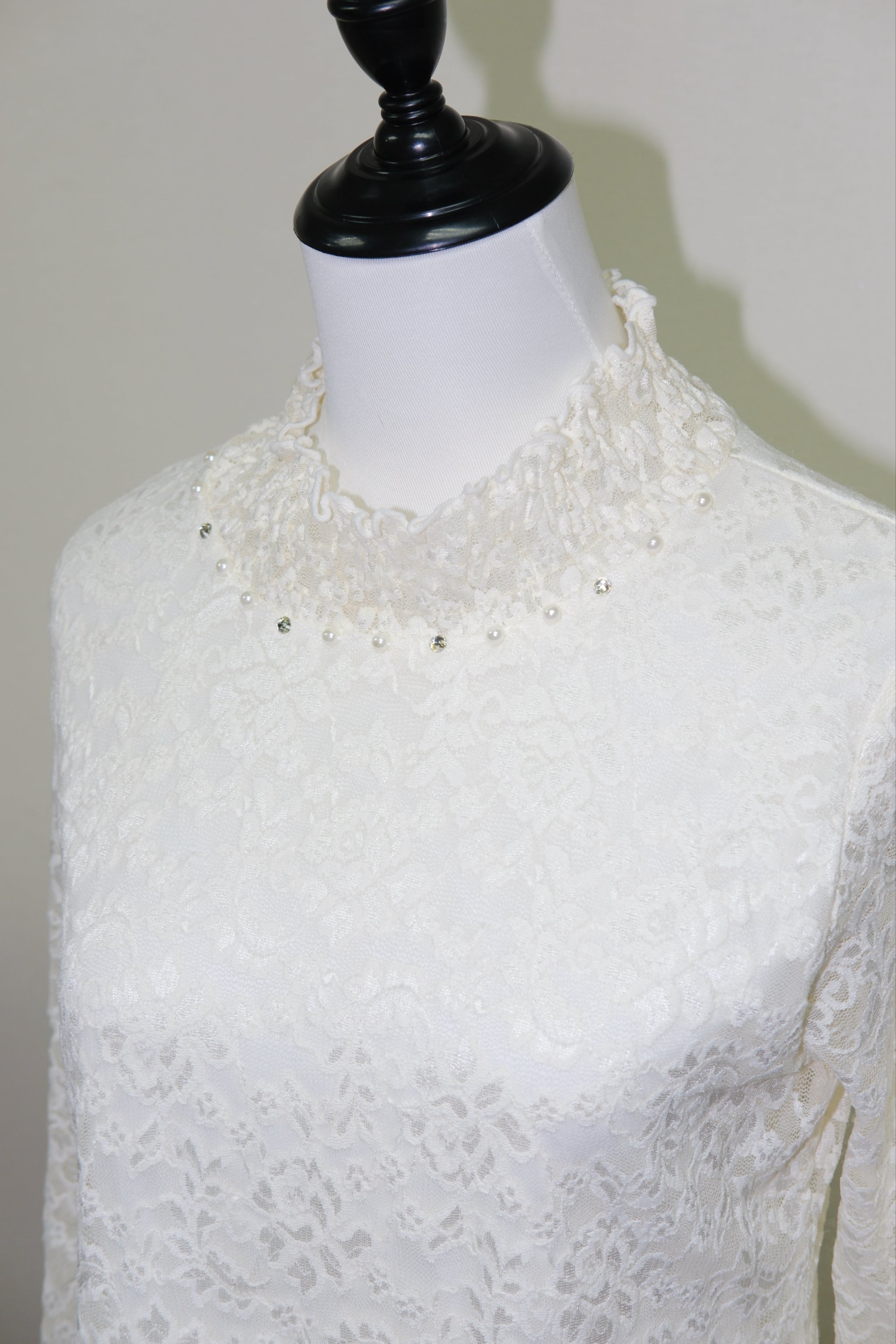 Cream Lace Ruffle High Neck Blouse with Rhinestone