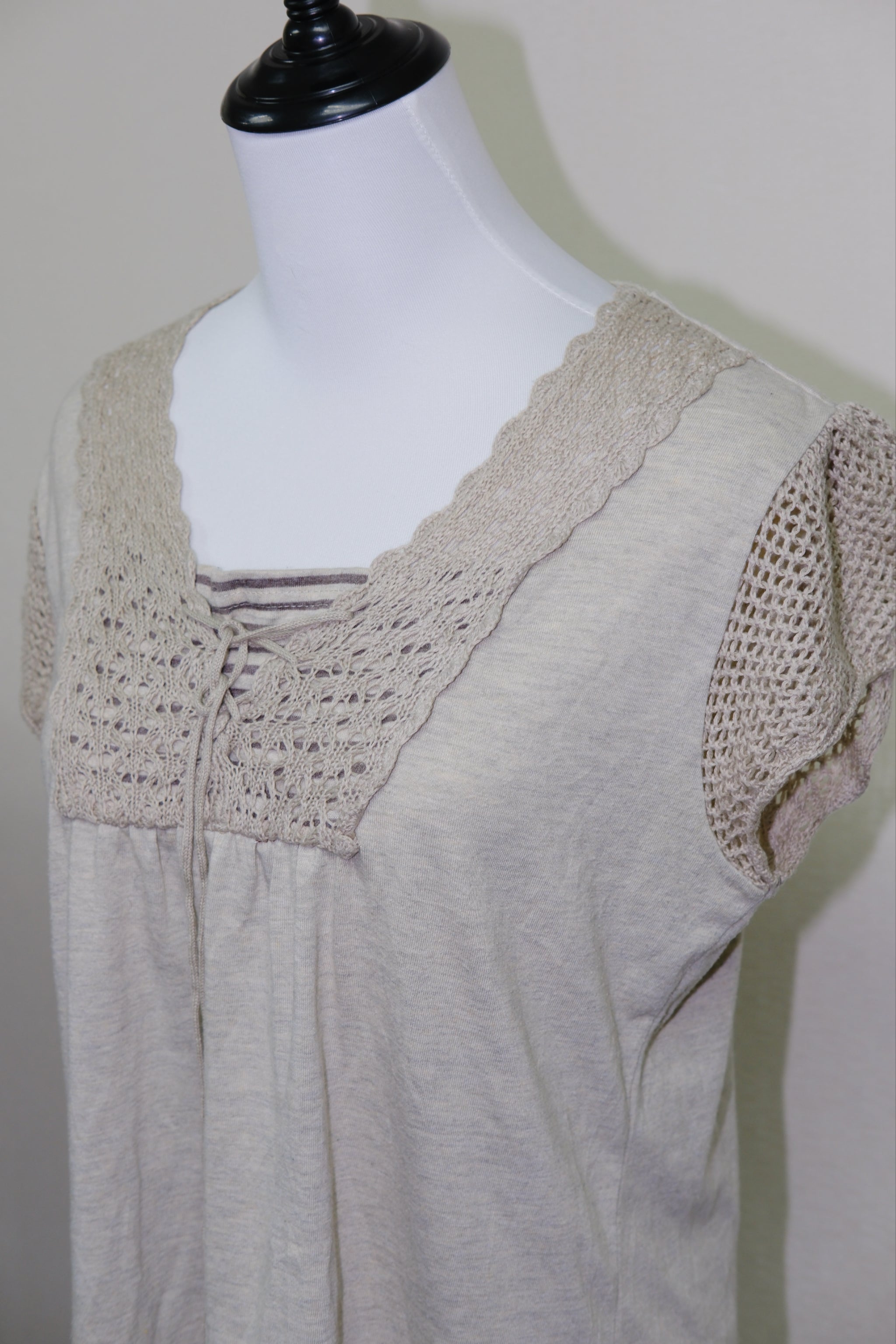 Boho Beige Crochet Lace Peasant Blouse with Embroidery Hem