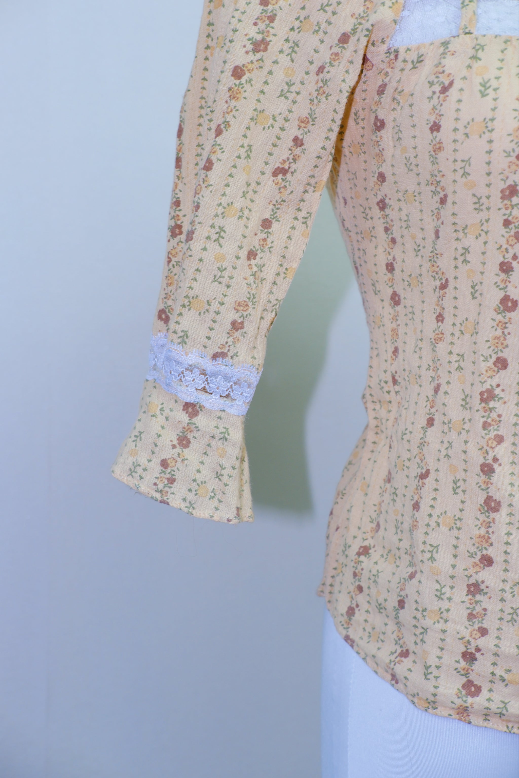 Beige Ditsy Floral Print Square Neck Blouse with Lace Trim