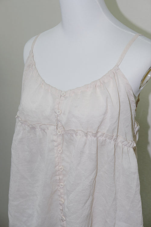 Beige Sheer Ruffle Button Front Cami Top with Spaghetti Straps