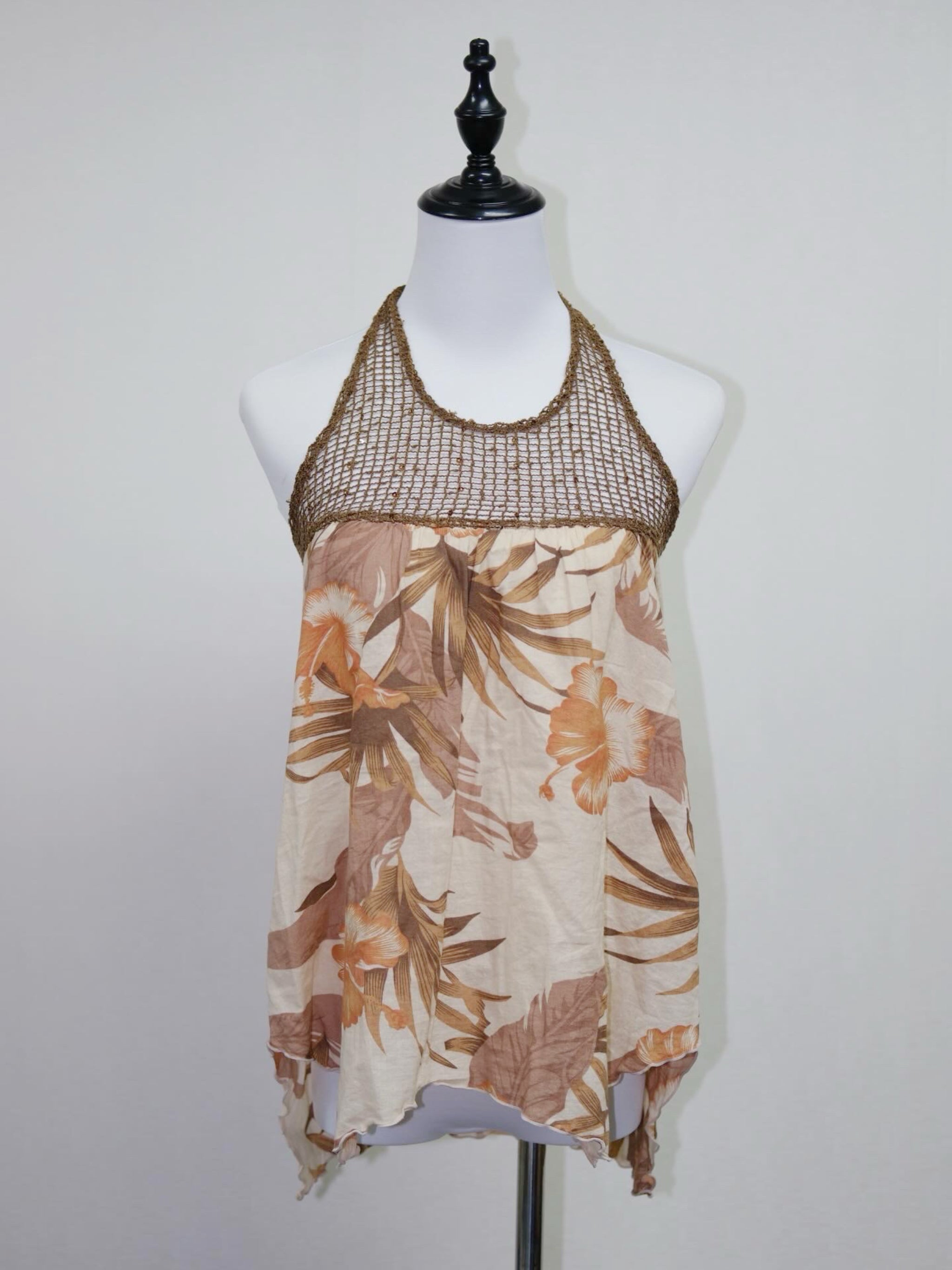 Boho Tropical Floral Print Crochet Halter Top with Handkerchief Hem