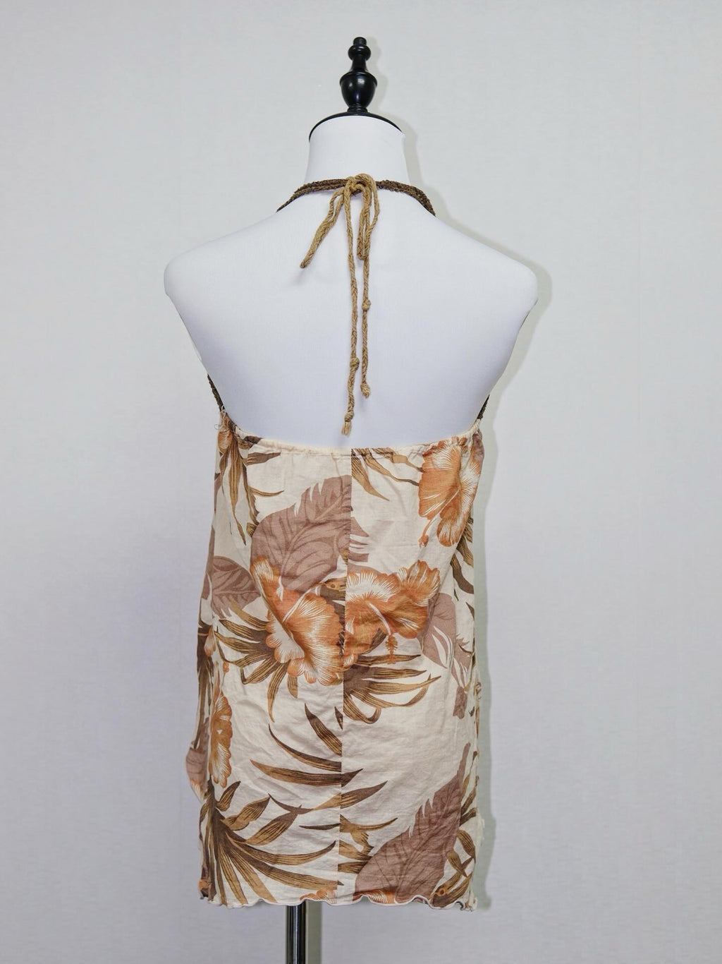 Boho Tropical Floral Print Crochet Halter Top with Handkerchief Hem