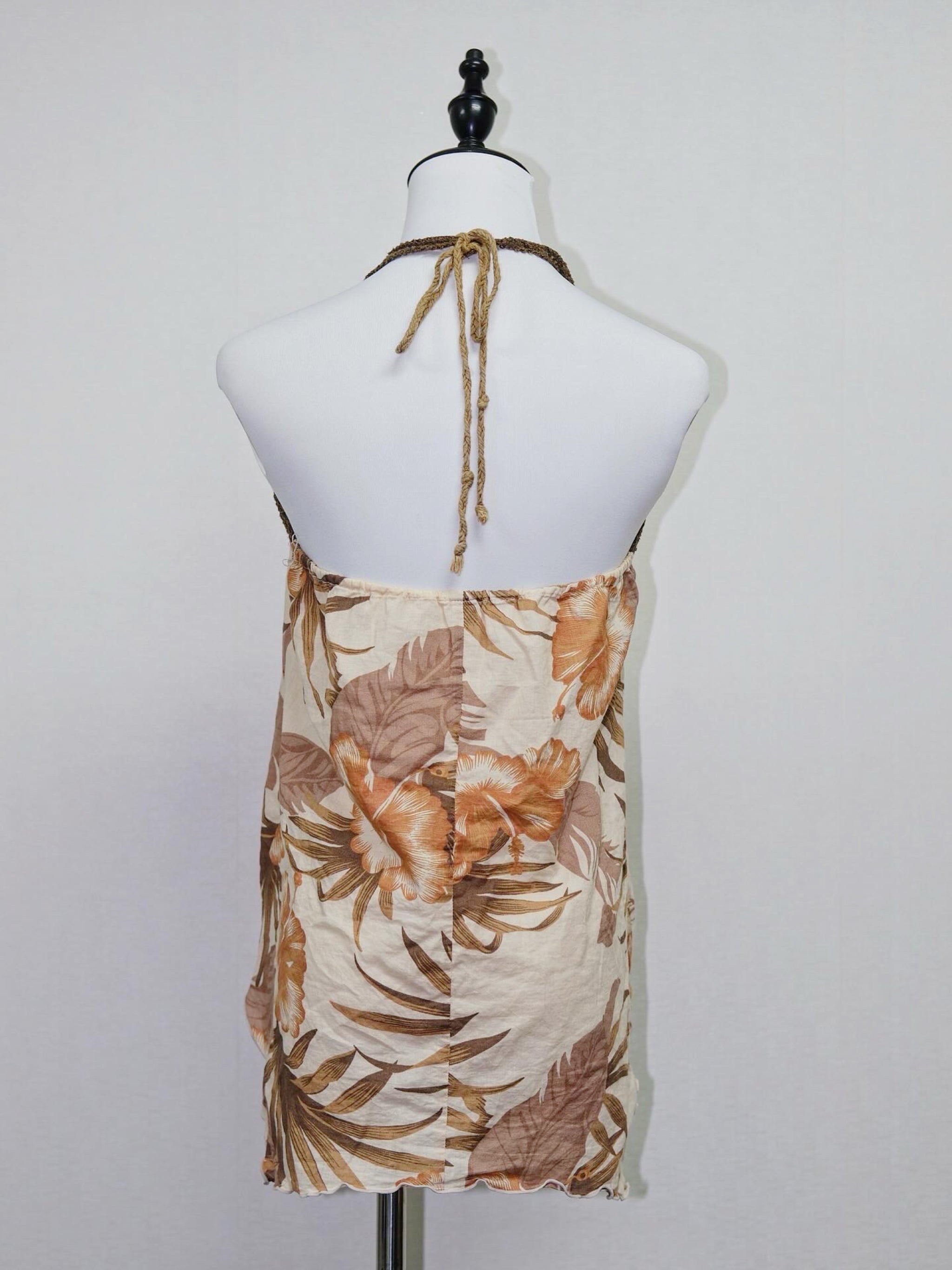 Boho Tropical Floral Print Crochet Halter Top with Handkerchief Hem