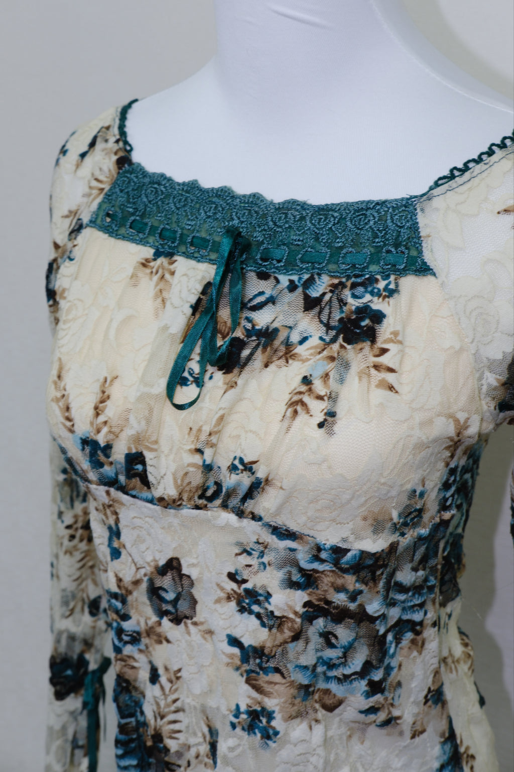 Cream Blue Floral Print Sheer Lace Square Neck Blouse