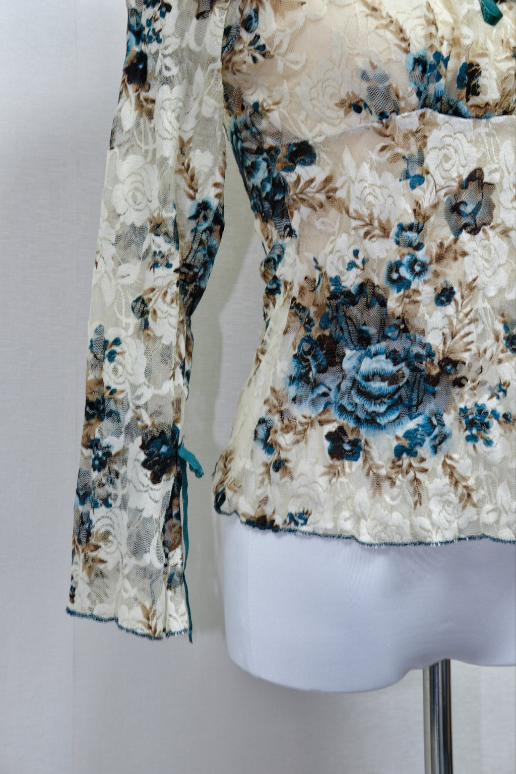 Cream Blue Floral Print Sheer Lace Square Neck Blouse