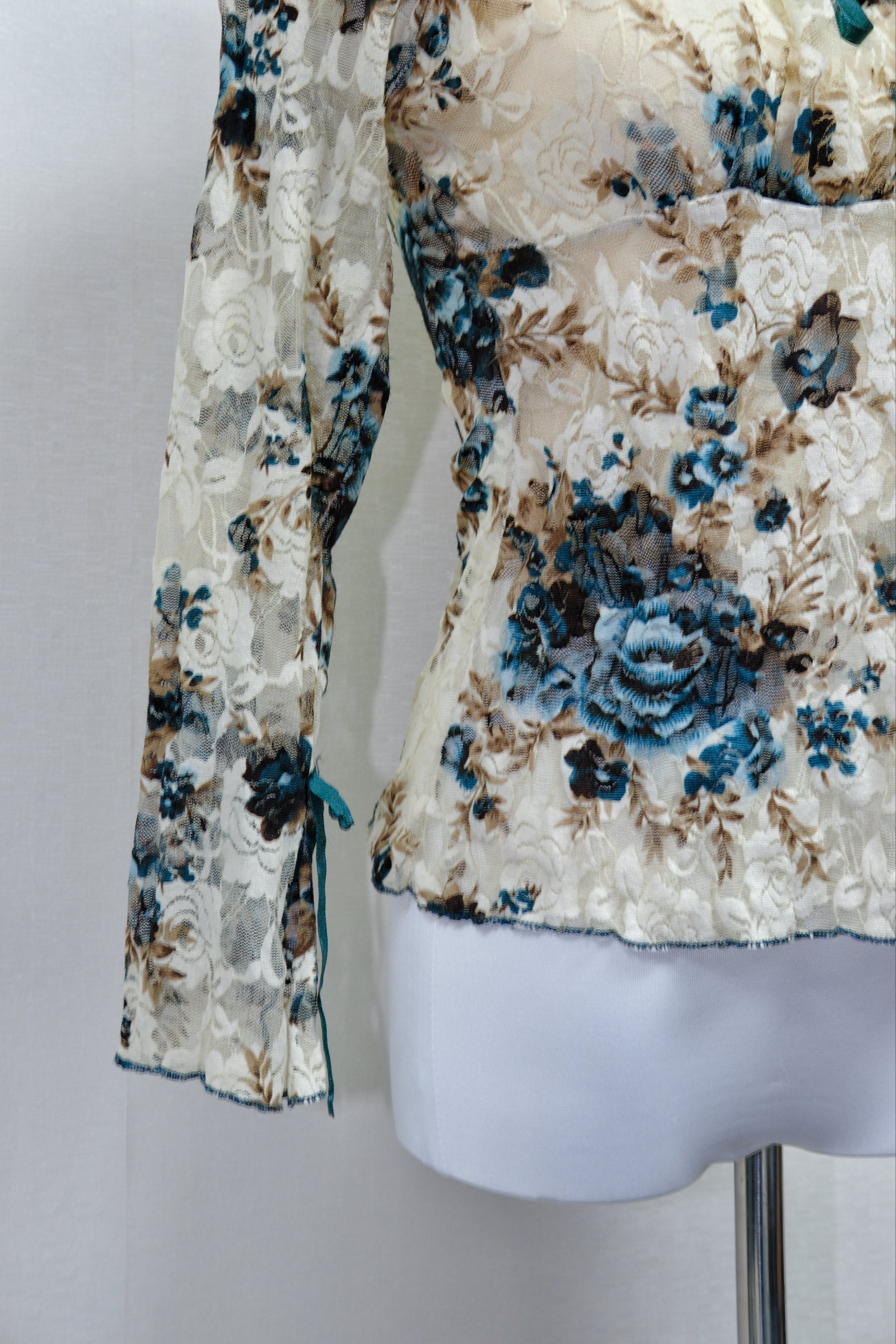 Cream Blue Floral Print Sheer Lace Square Neck Blouse