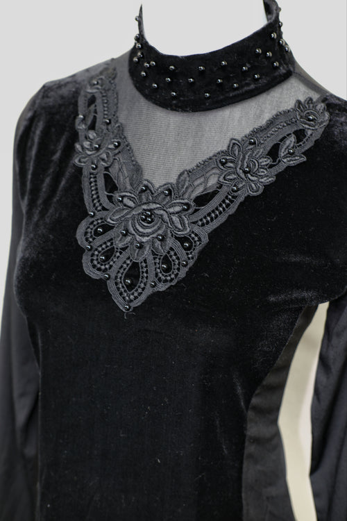 Black Velvet High Neck Blouse with Lace Mesh & Rhinestone