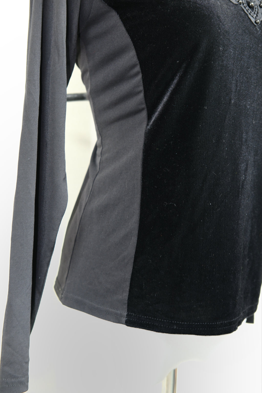 Black Velvet High Neck Blouse with Lace Mesh & Rhinestone