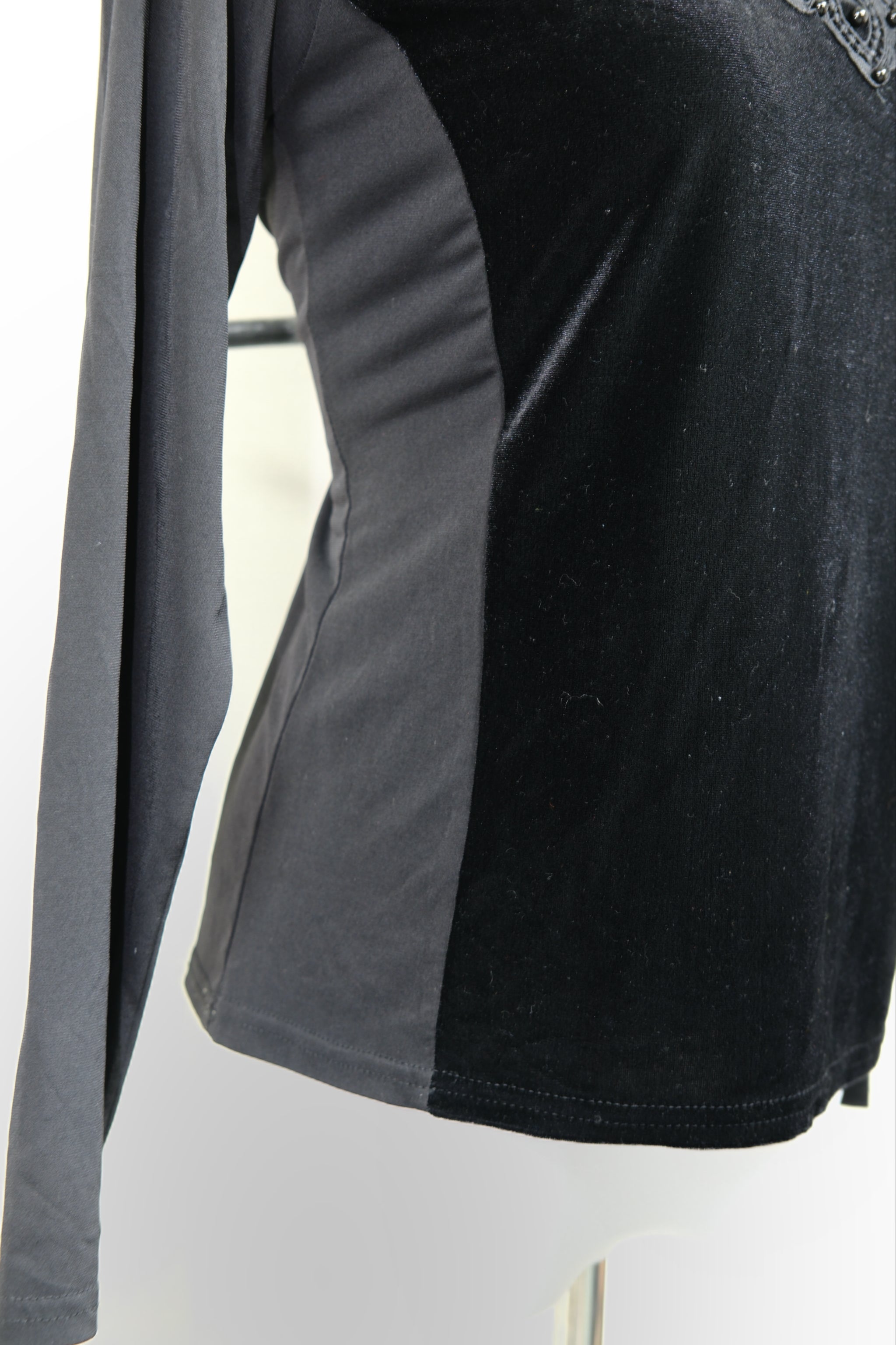 Black Velvet High Neck Blouse with Lace Mesh & Rhinestone
