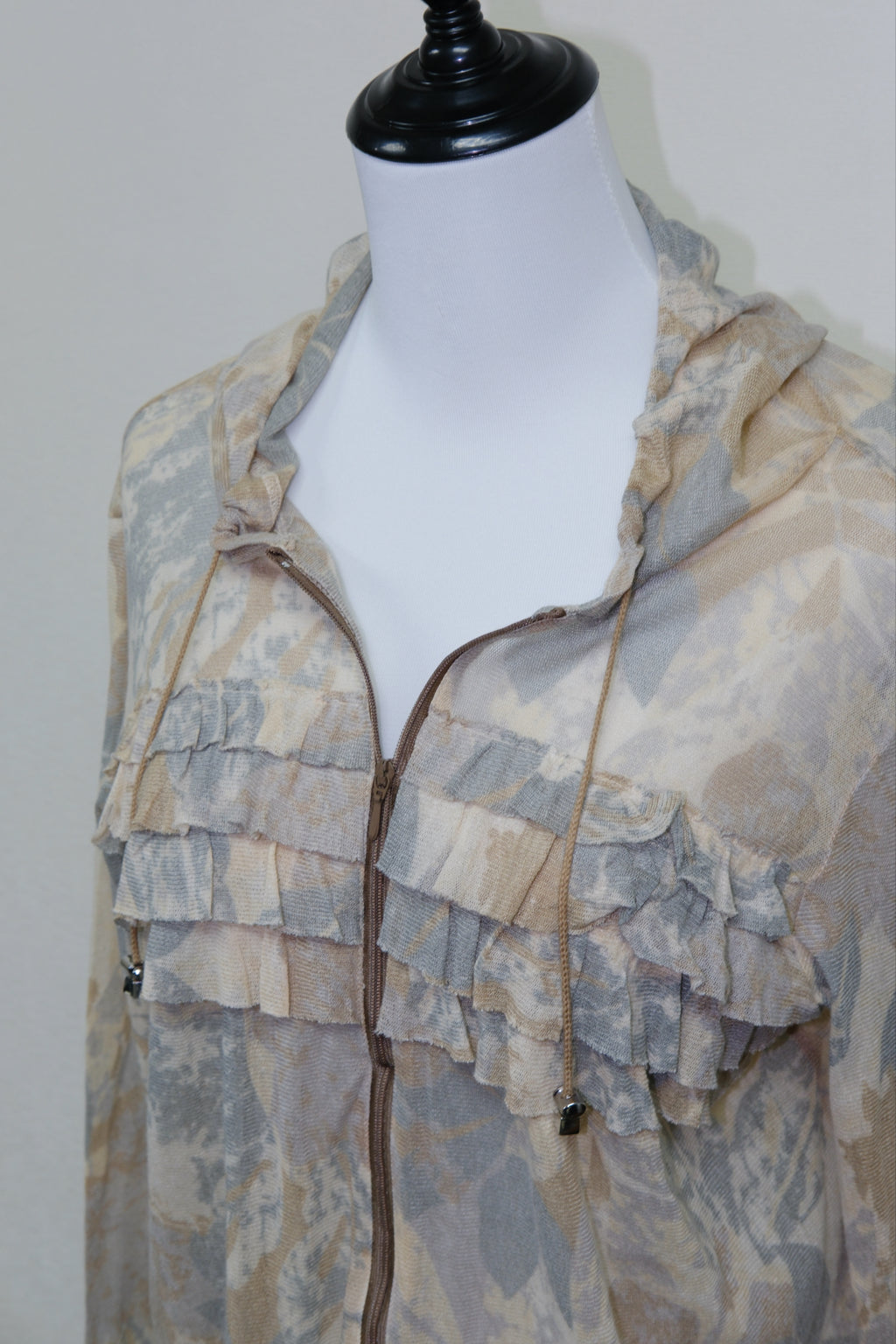 Beige Floral Print Ruffle Mesh Hooded Jacket