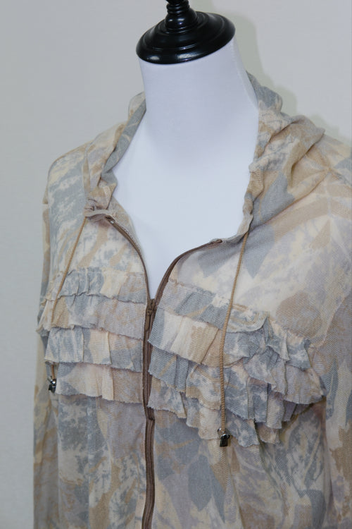 Beige Floral Print Ruffle Mesh Hooded Jacket