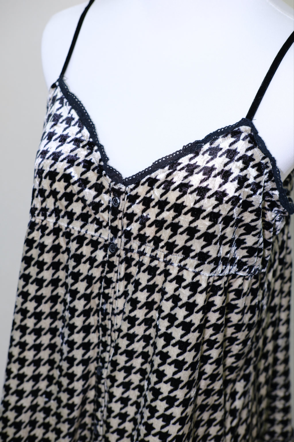 Houndstooth Satin Lace Trim Slip Dress Chemise