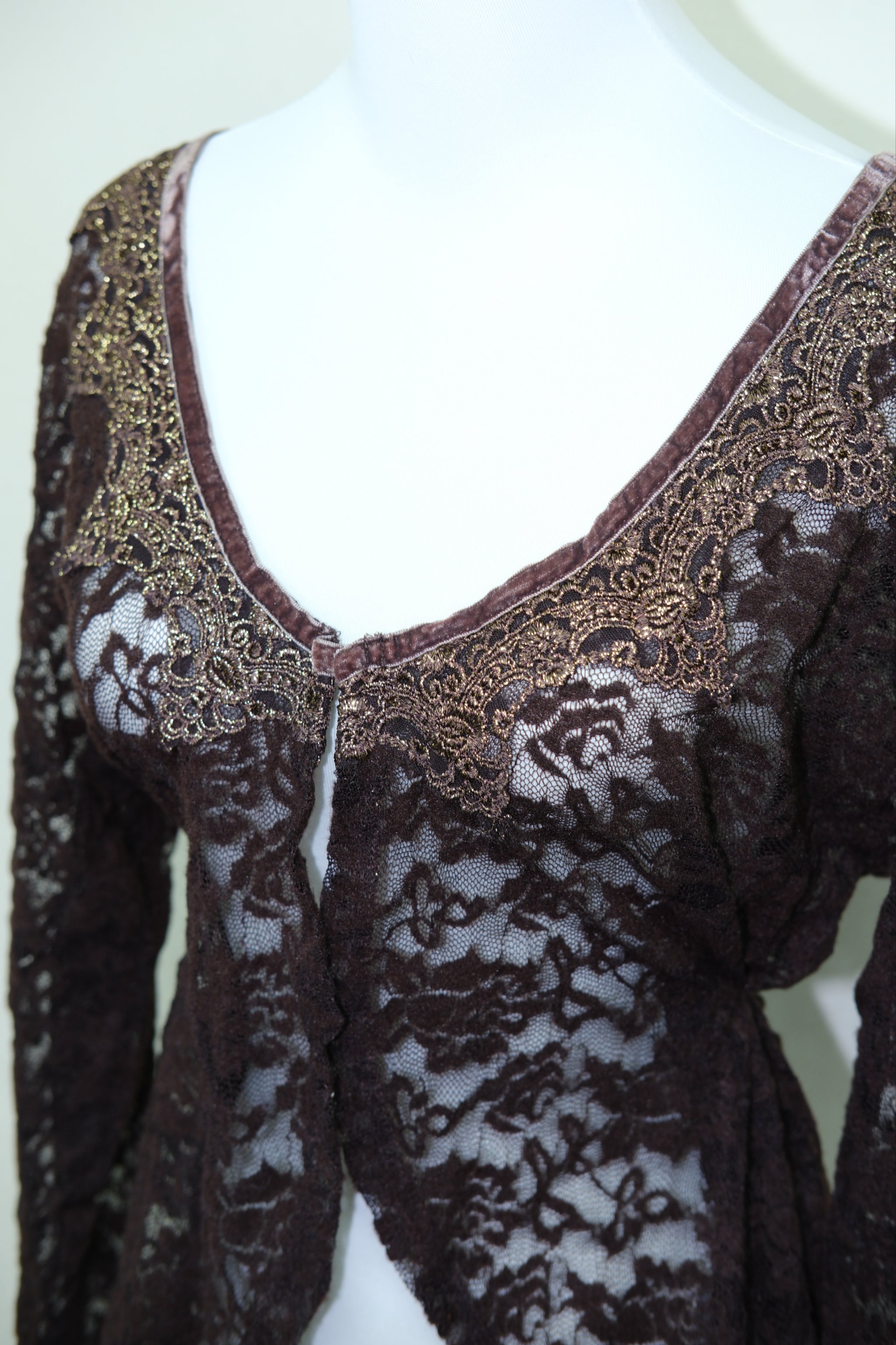 Dark Brown Sheer Lace Cardigan with Velvet Trim & Bell Sleeves
