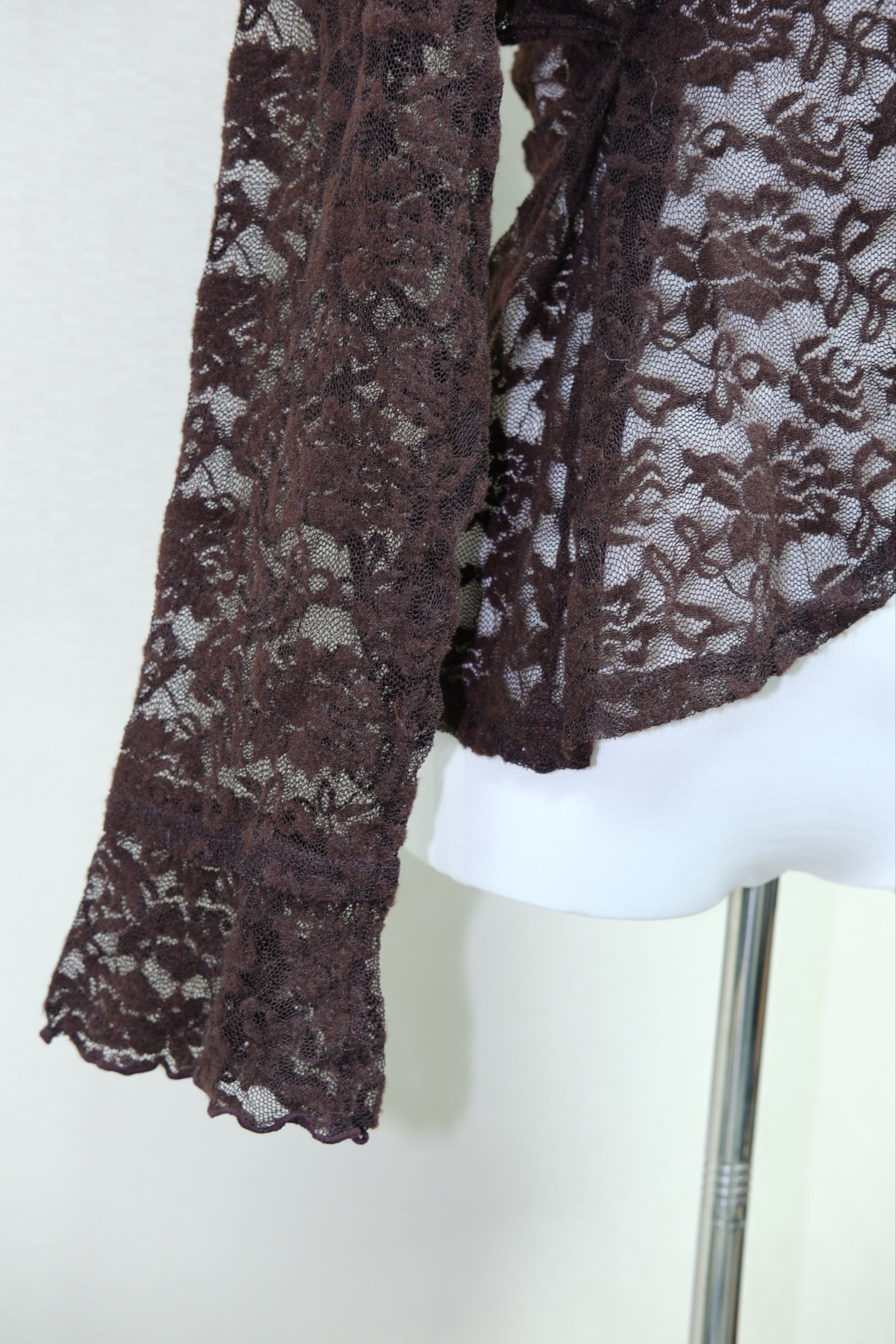 Dark Brown Sheer Lace Cardigan with Velvet Trim & Bell Sleeves
