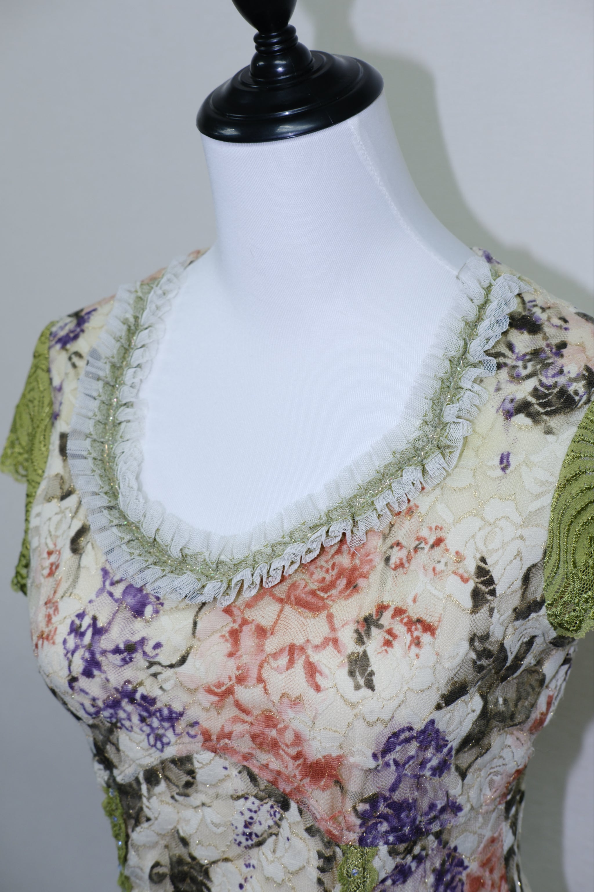 Cottagecore Floral Lace Short Sleeve Top with Green Lace