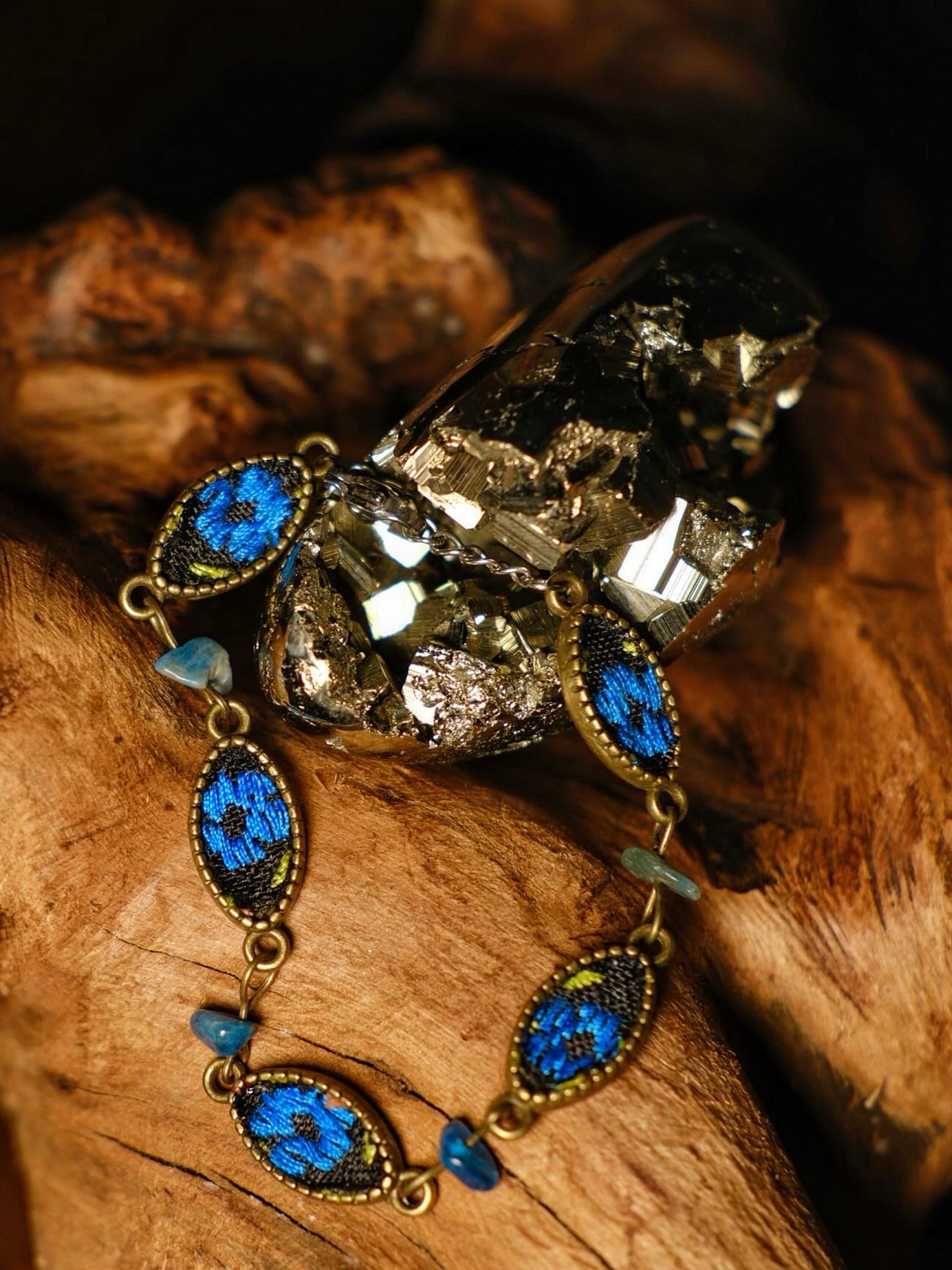 Blue Flower Embroidered Bracelet with Natural Blue Apatite