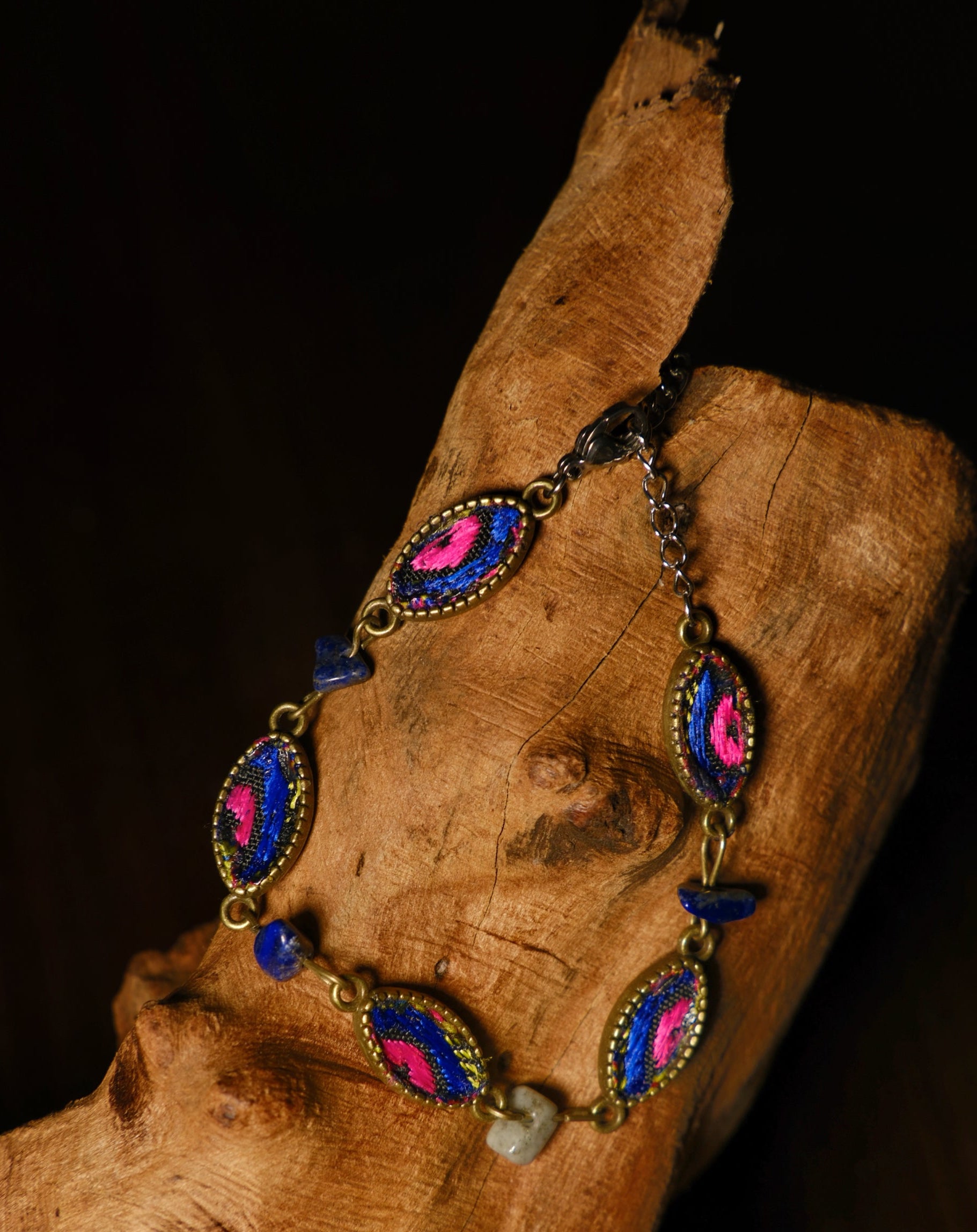Embroidered Bracelet with Natural Lapis Lazuli Chips