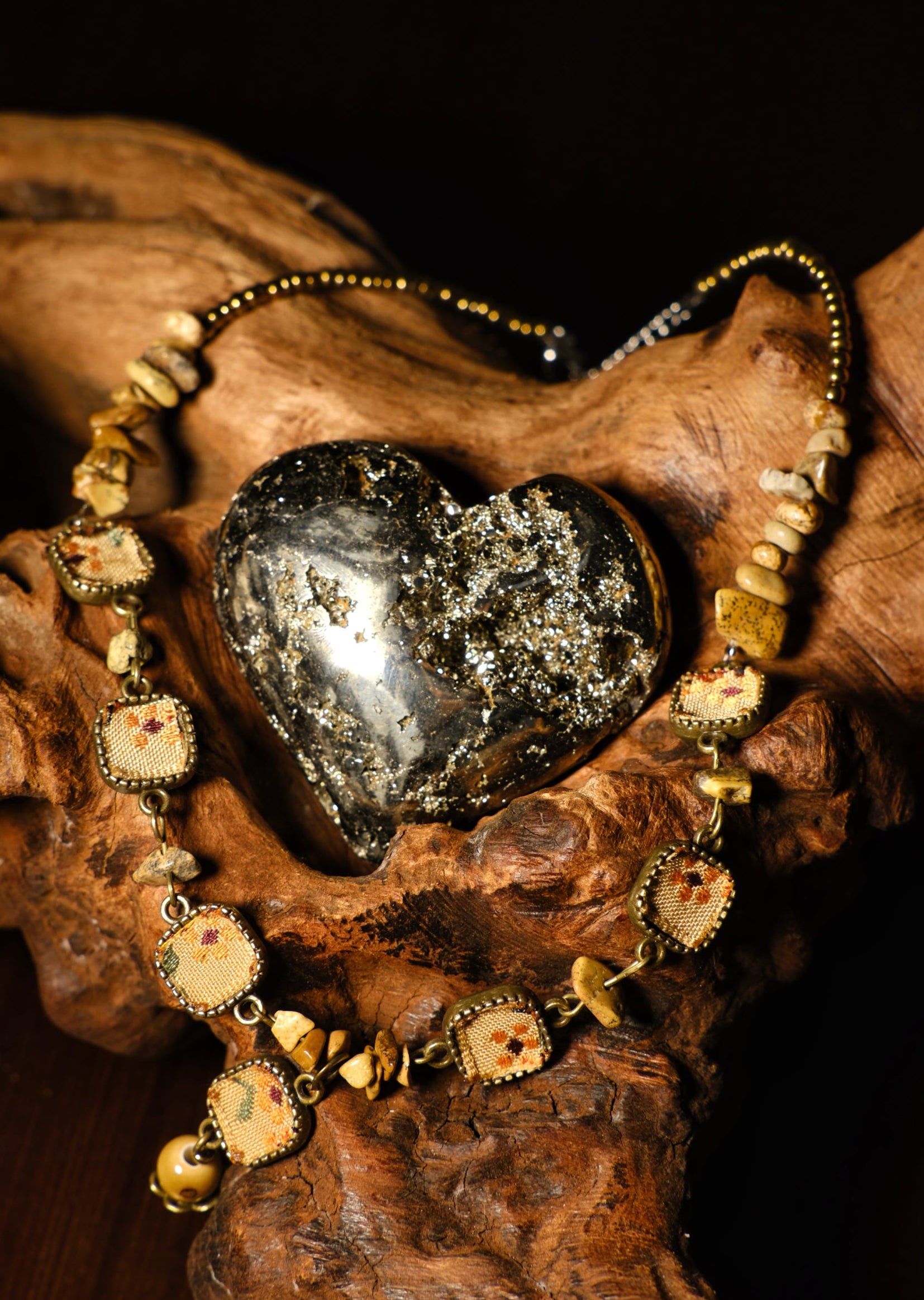 Embroidered Necklace with Tiger's Eye Chips & Natural Gemstones