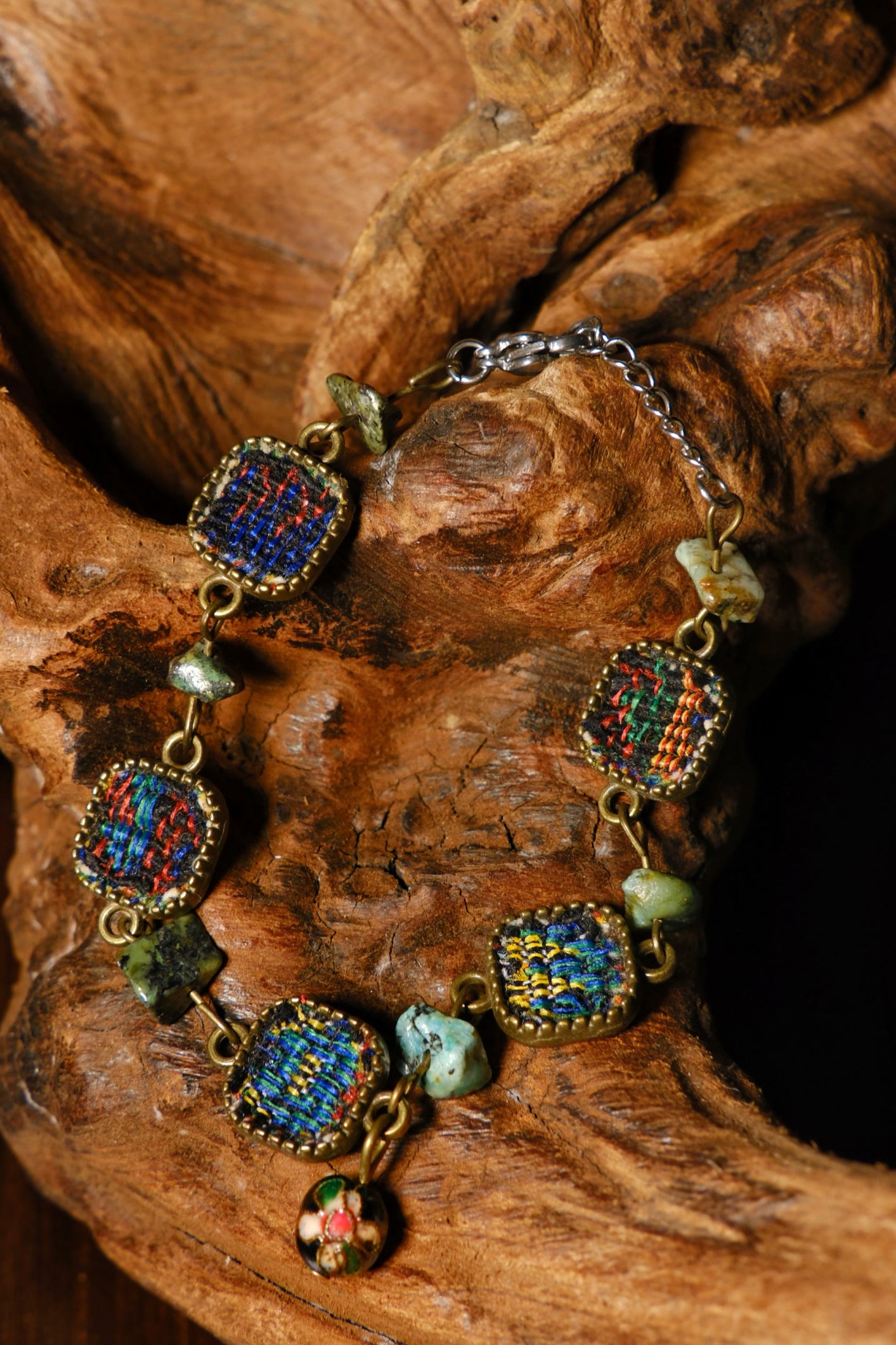 Embroidered Bracelet with Natural Turquoise & Cloisonné Enamel Charm