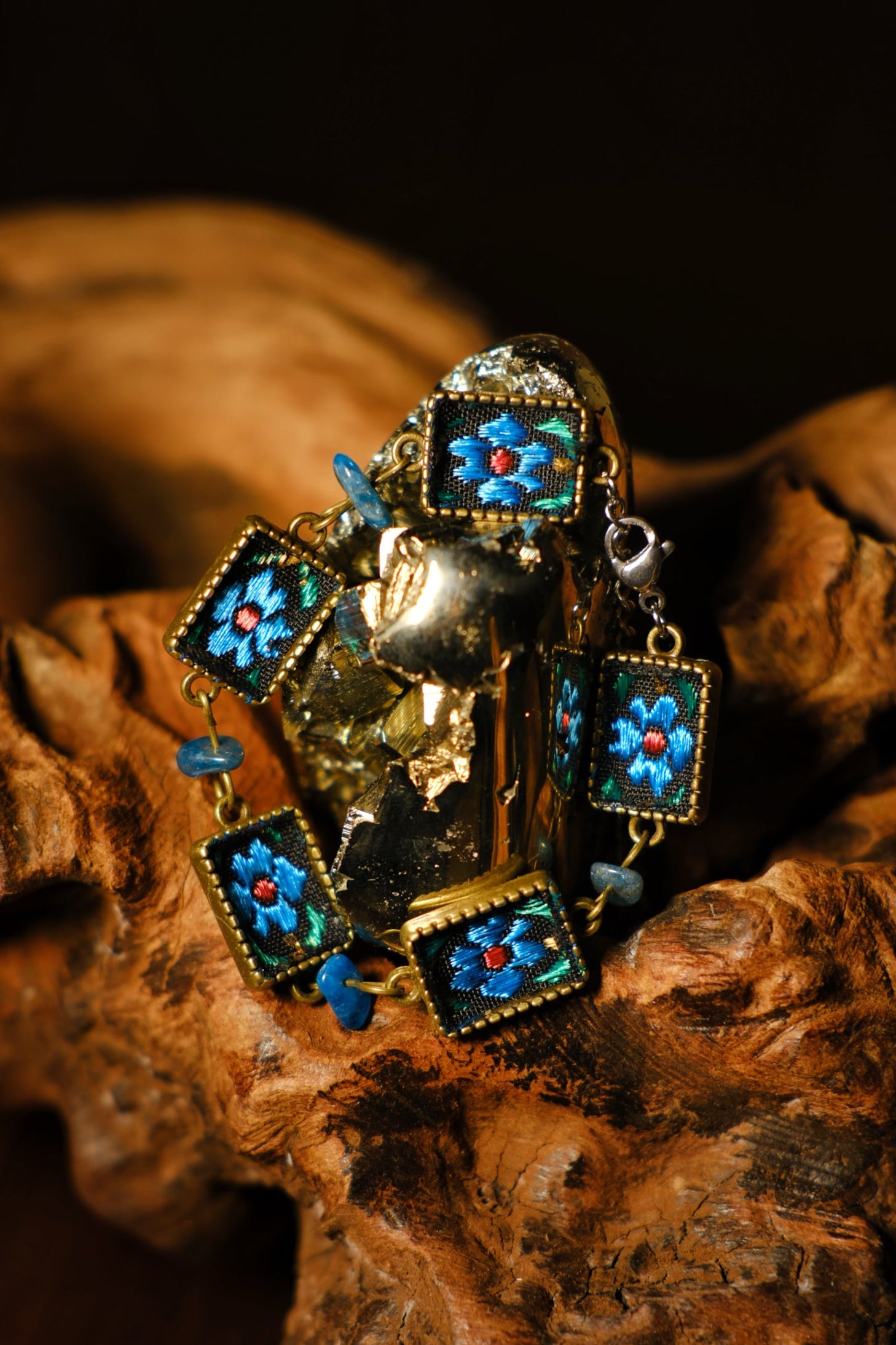 Embroidered Blue Flower Bracelet with Chalcedony Accents