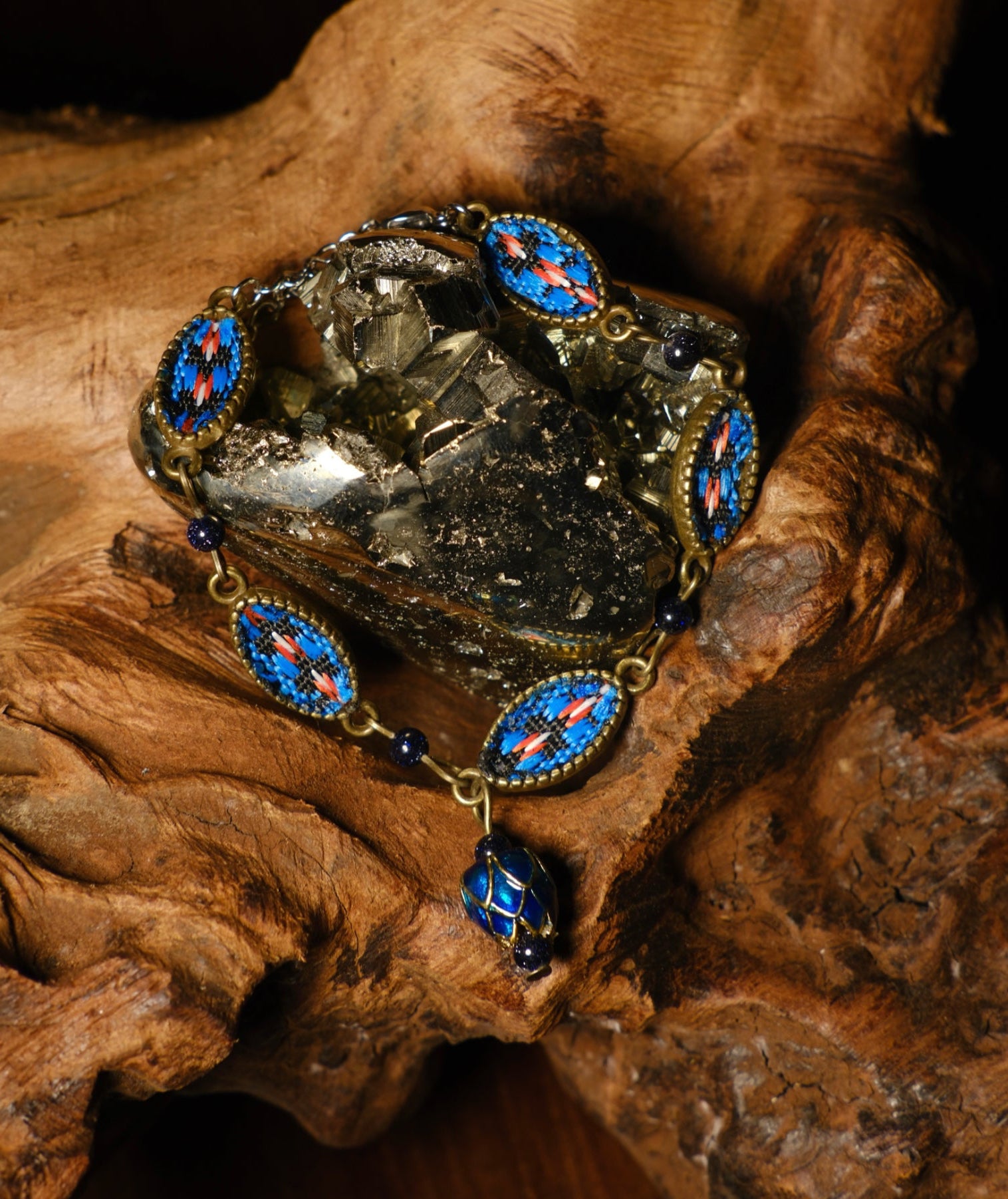 Embroidered Bracelet with Blue Goldstone & Cloisonné Enamel Charm