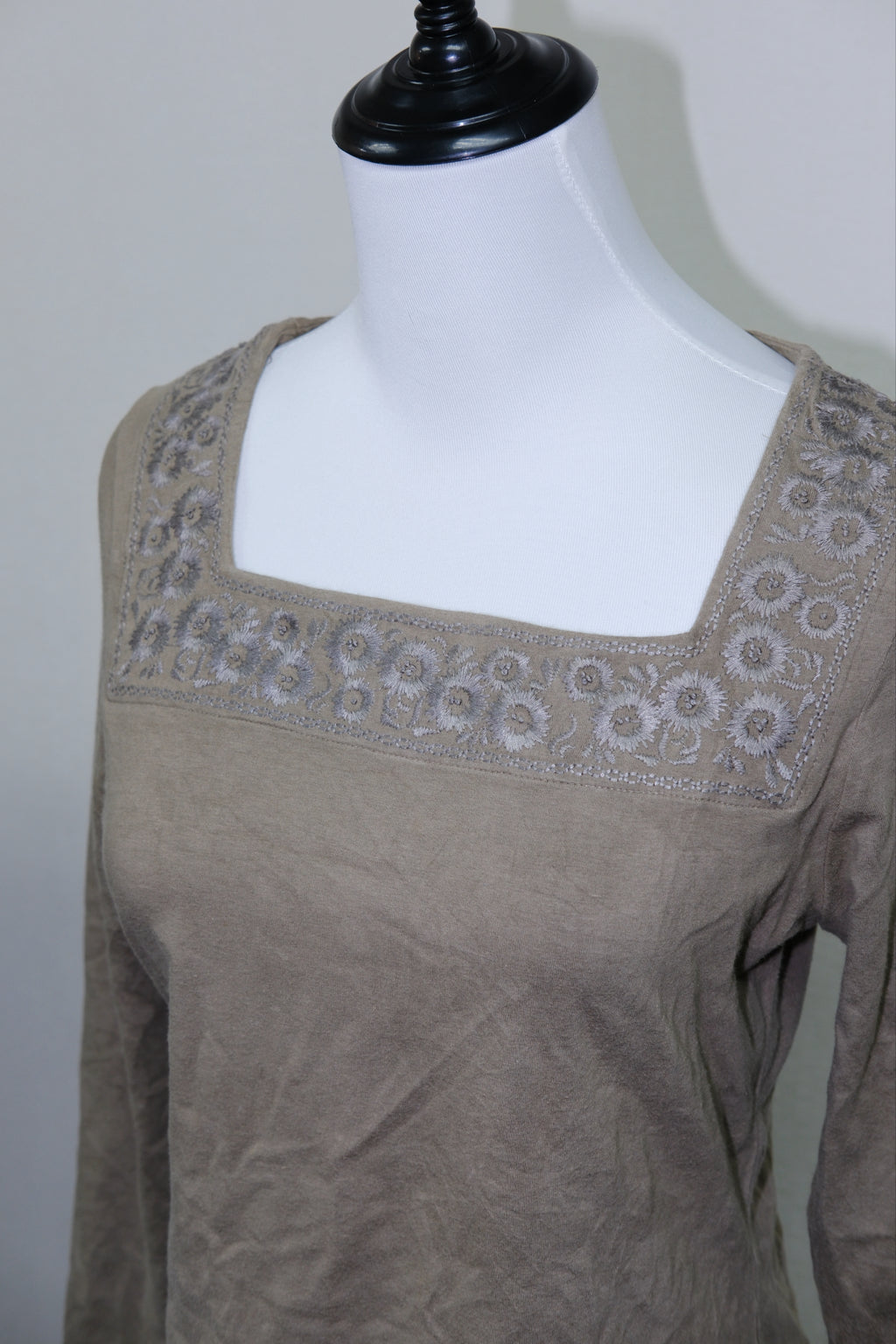 Taupe Embroidered Square Neck Long Sleeve Top