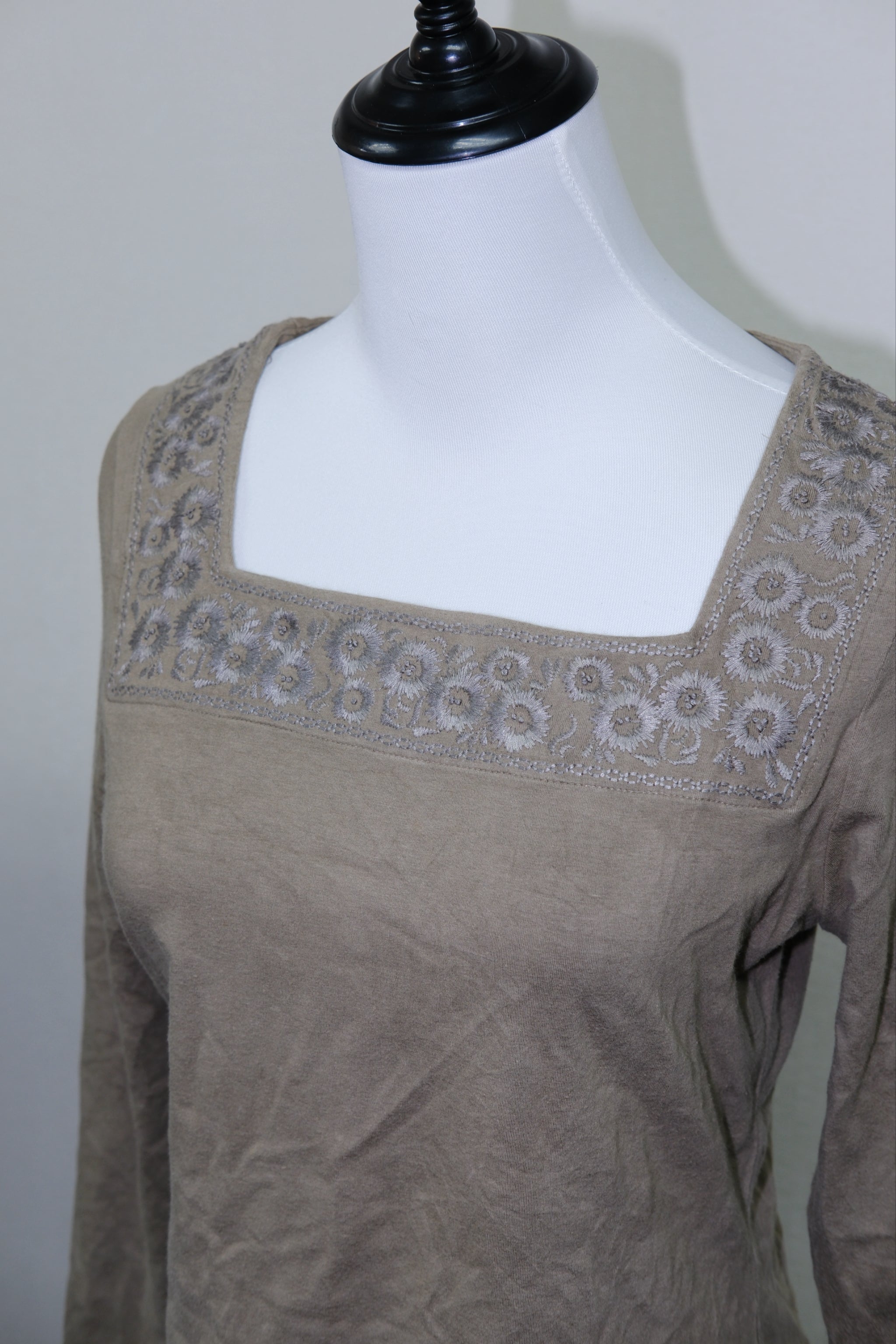 Taupe Embroidered Square Neck Long Sleeve Top