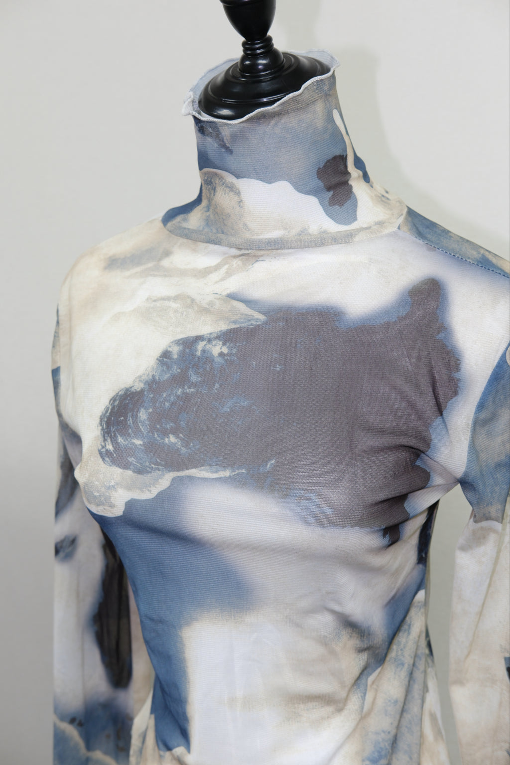 Sheer Blue Abstract Print Long Sleeve Turtleneck