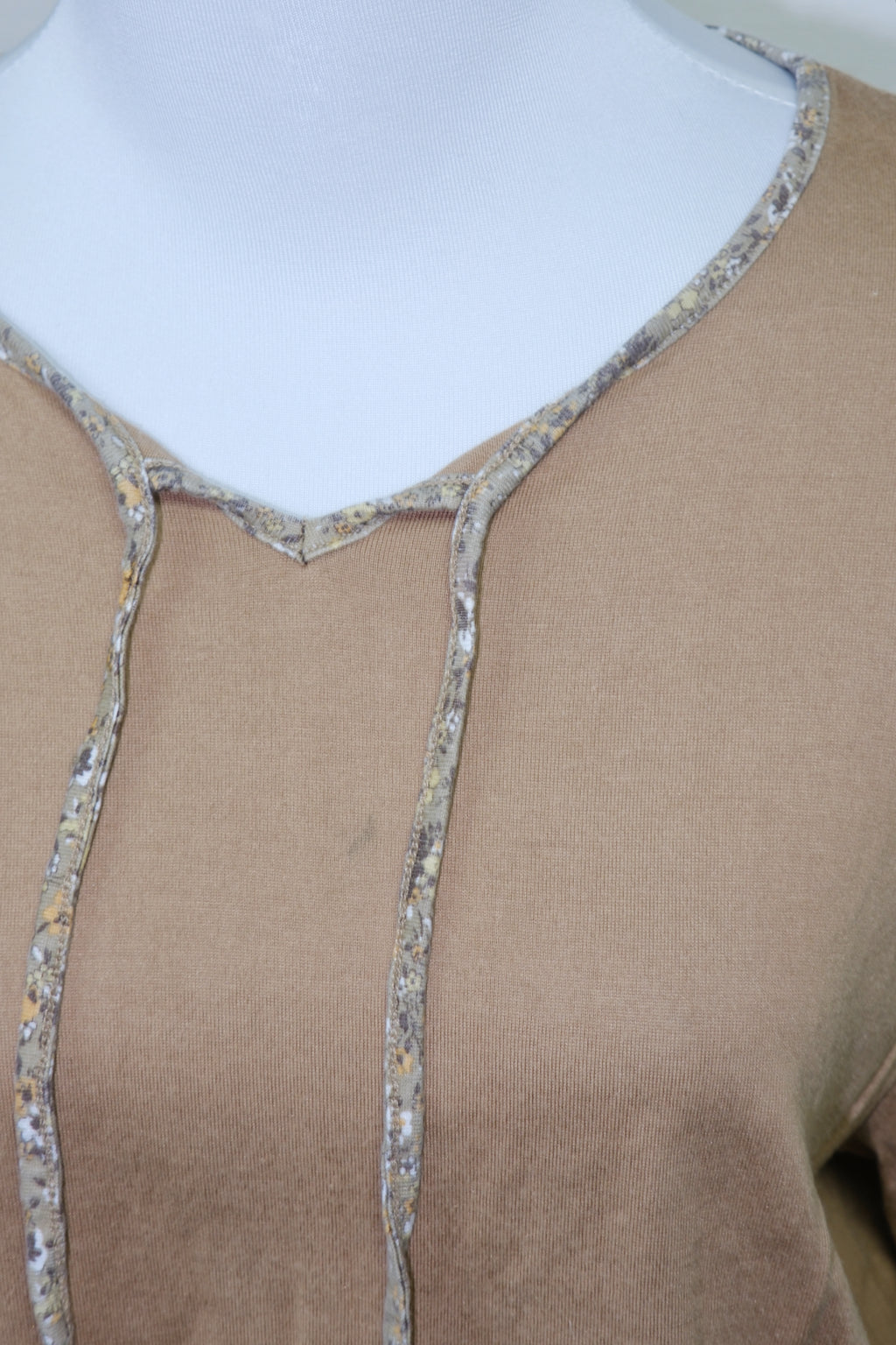 Tan Short Sleeve Peplum Top with Floral Neckline