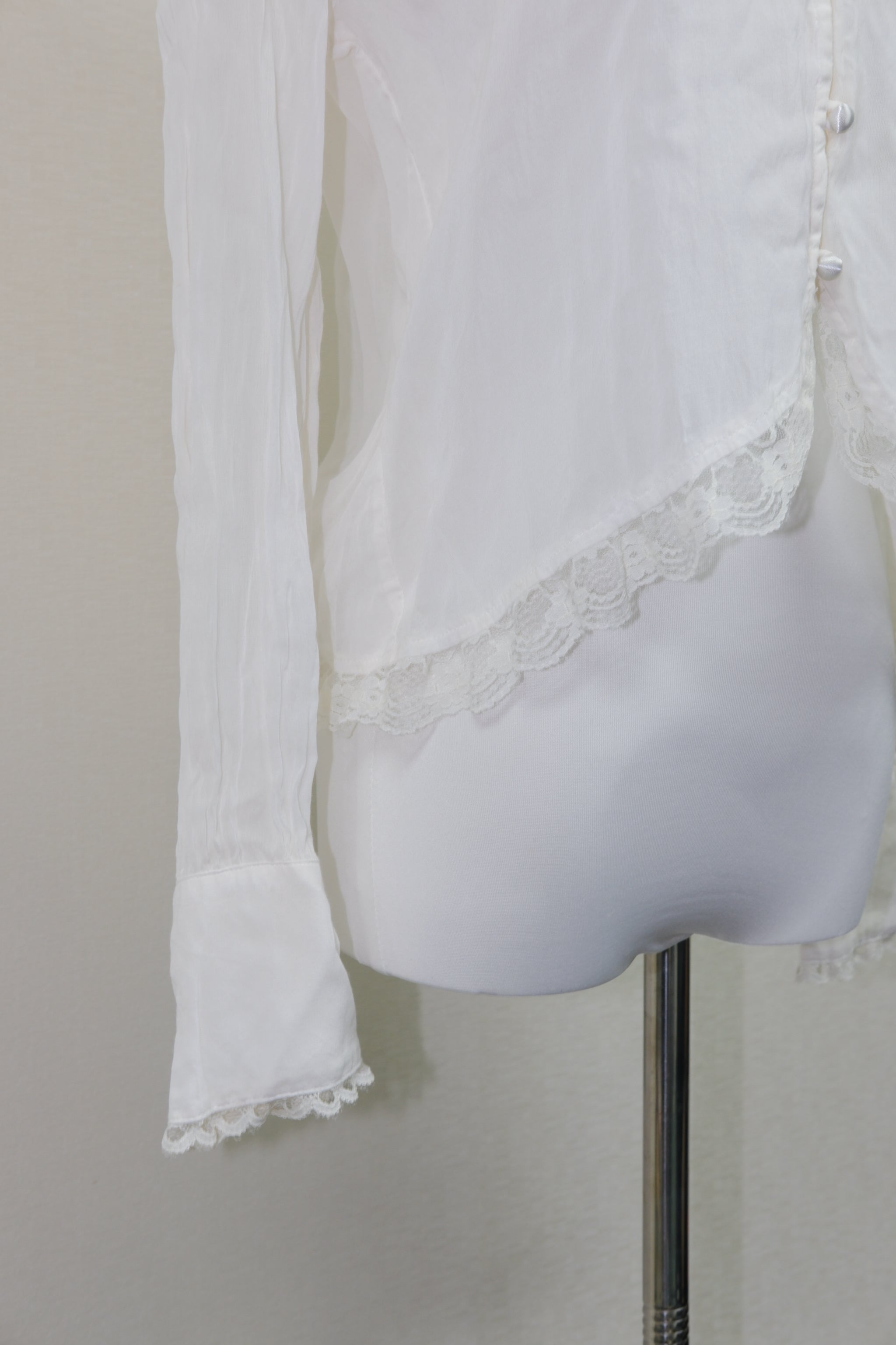 White Ruffled Lace Trim Button-Up Top