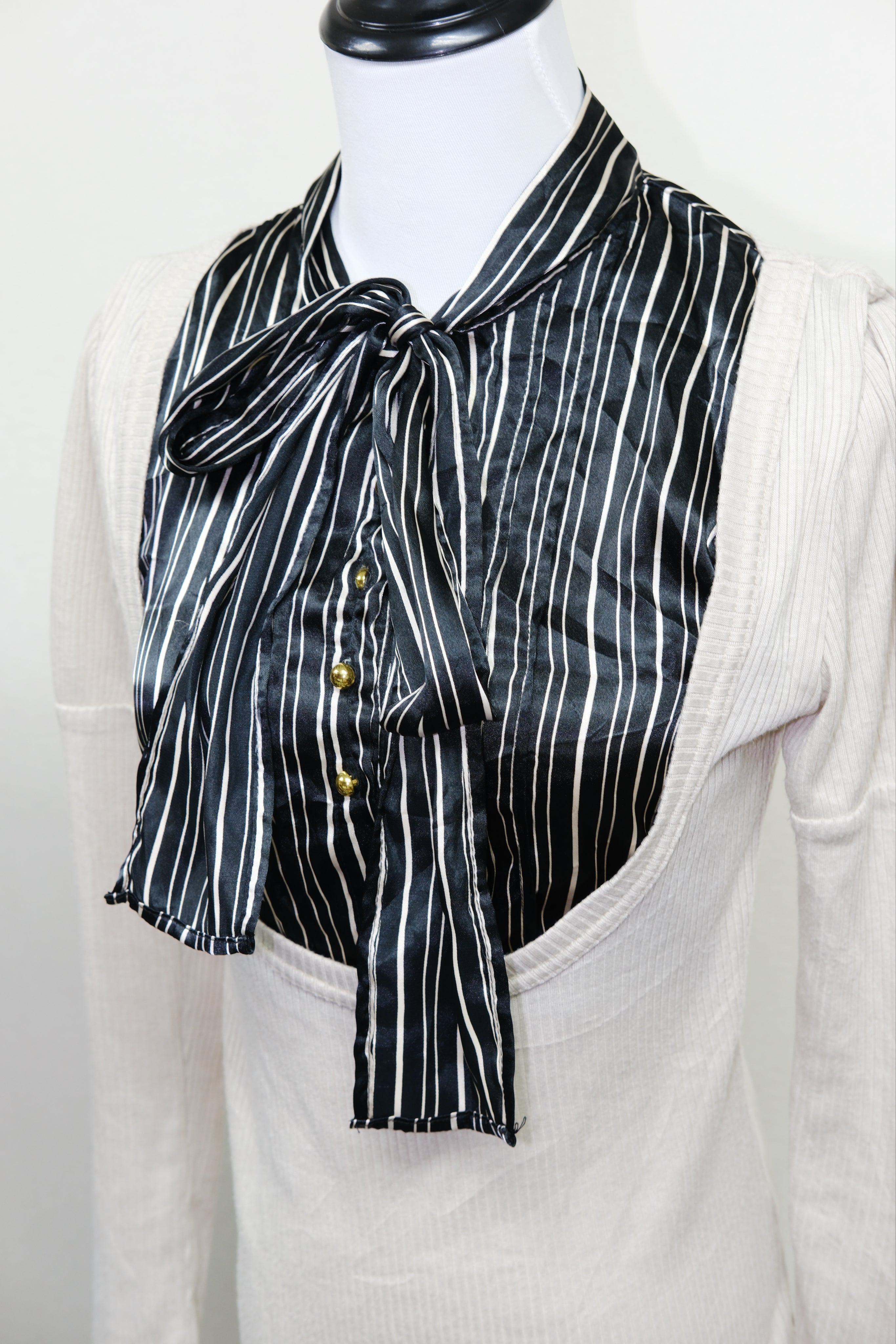 Cream Ribbed Knit Top with Striped Bow Neck
