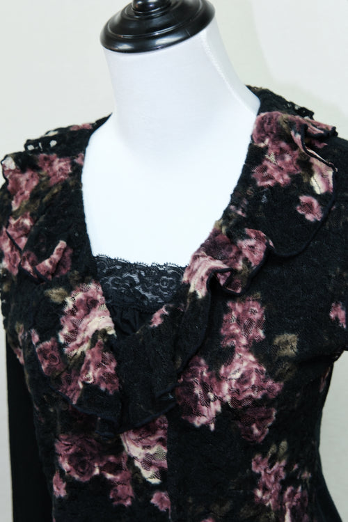 Black Rose Print Lace Peplum Blouse