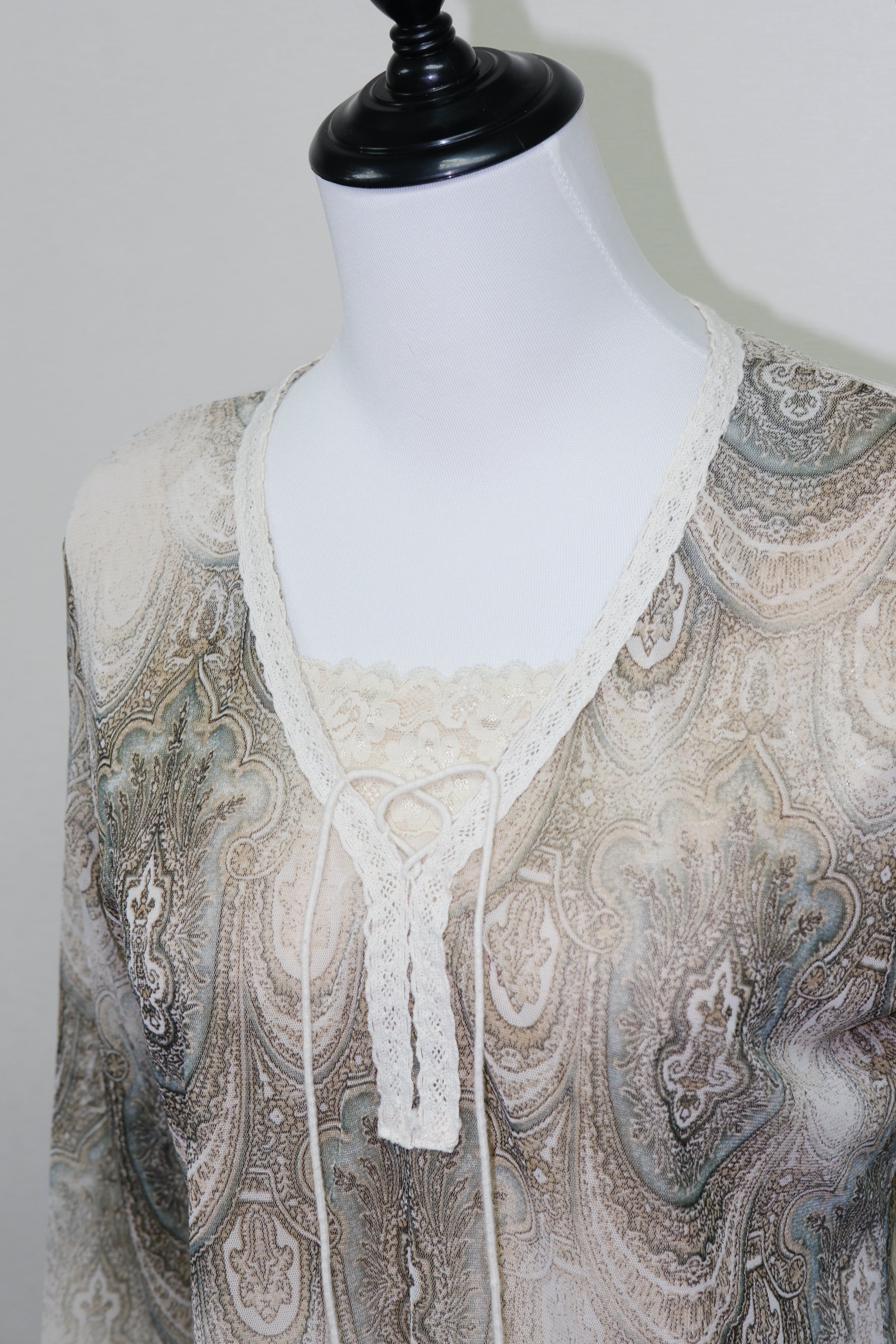 Boho Beige Paisley Print Lace Neckline Top