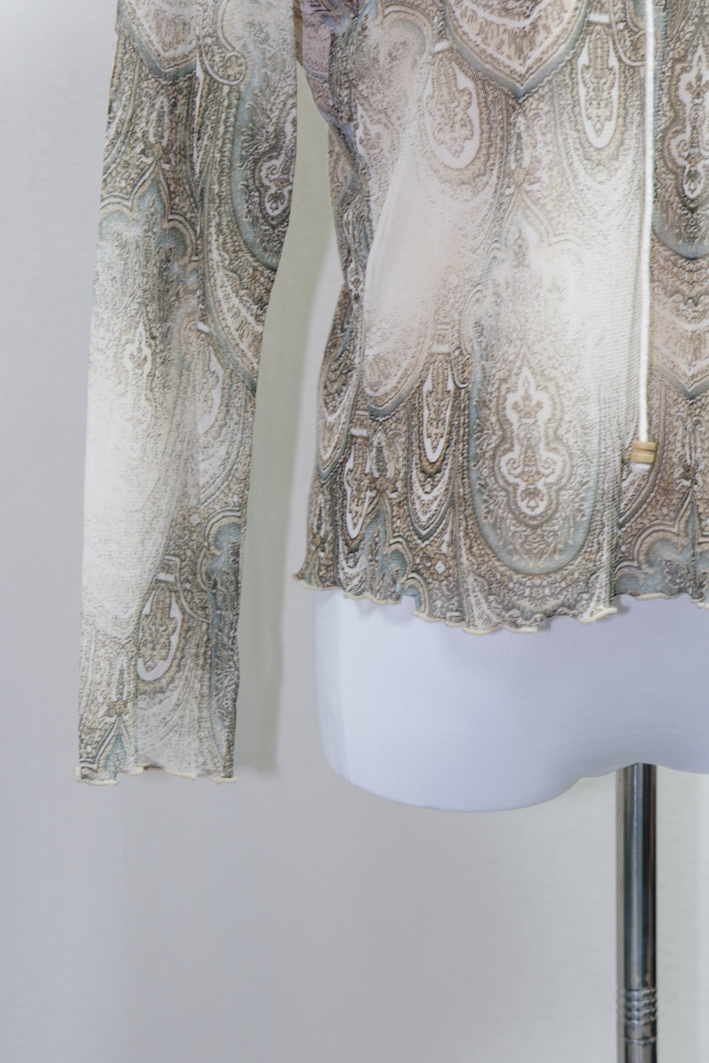 Boho Beige Paisley Print Lace Neckline Top