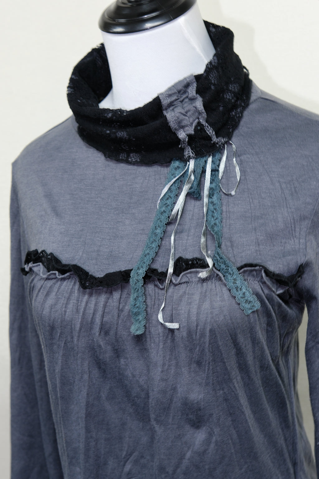 Dark Grey Lace Trim High Neck Long Sleeve Top