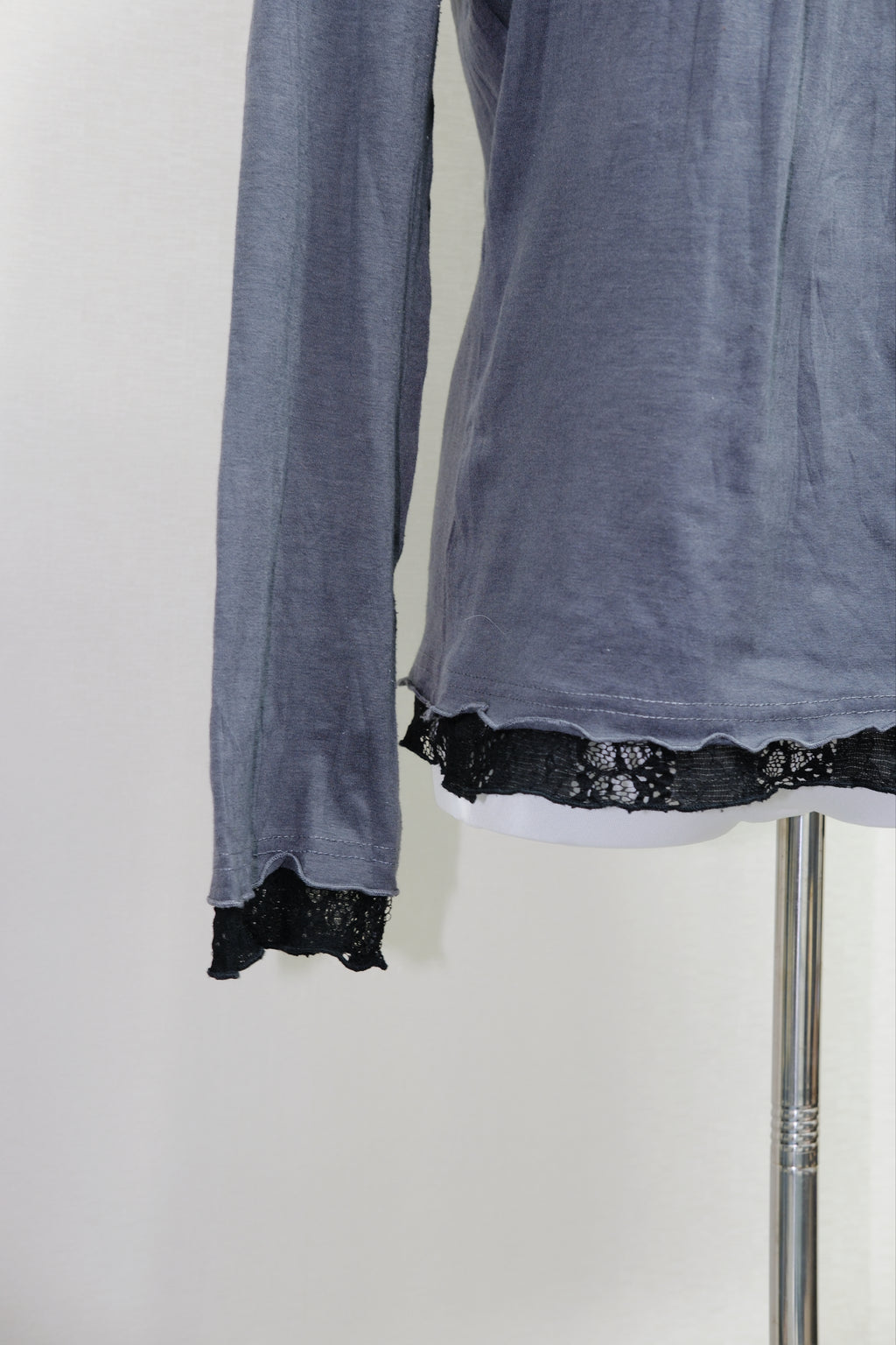 Dark Grey Lace Trim High Neck Long Sleeve Top