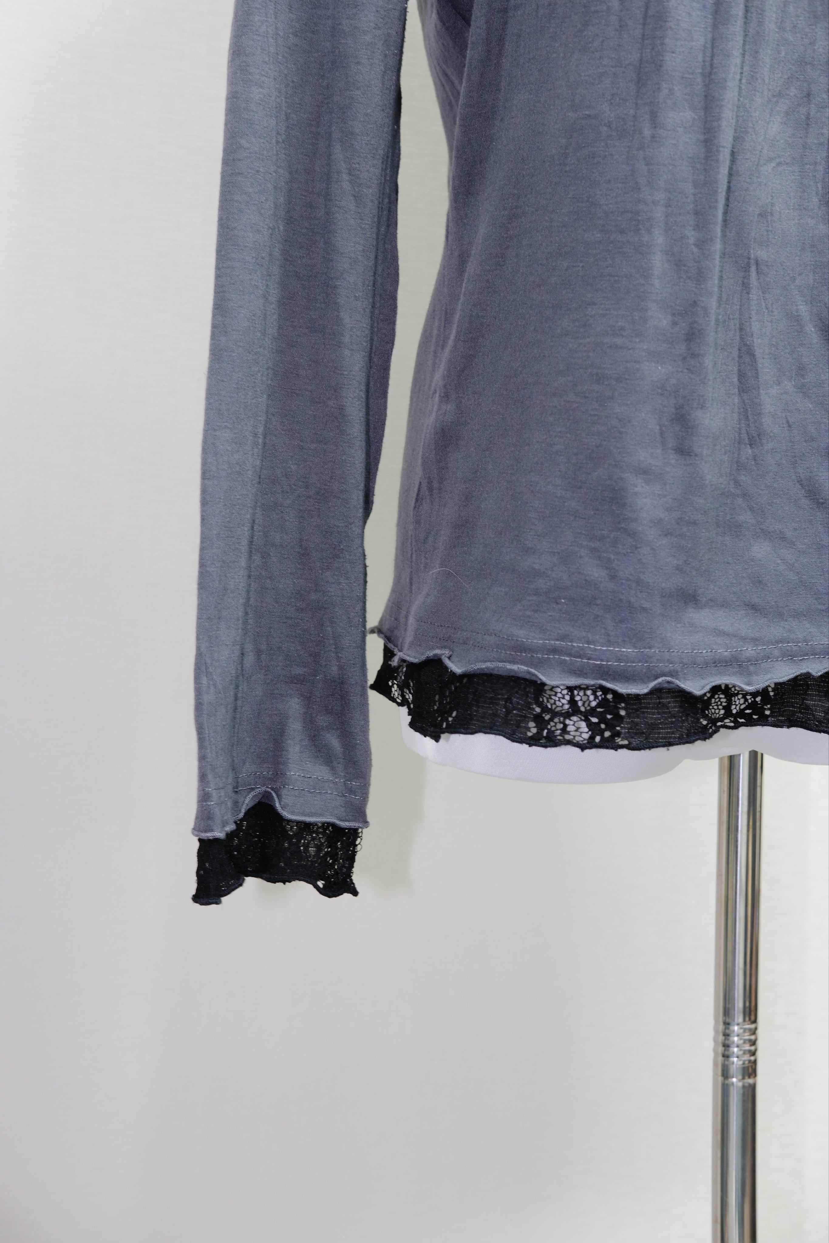 Dark Grey Lace Trim High Neck Long Sleeve Top