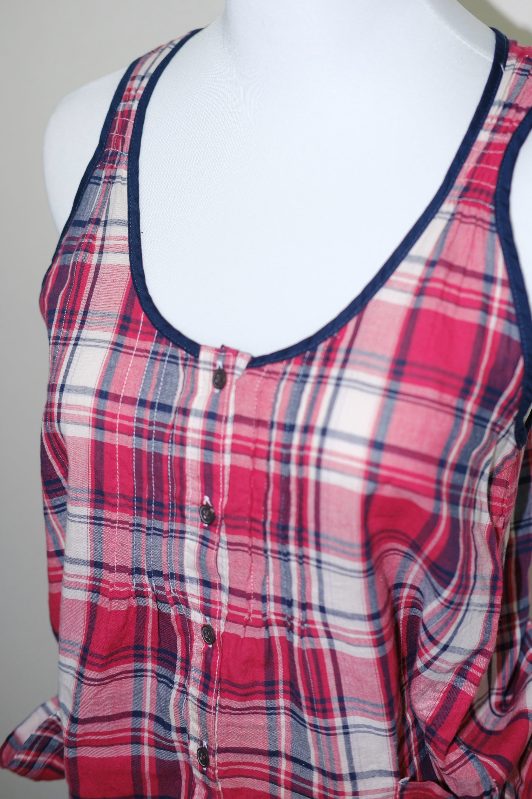 Red & Navy Plaid Drawstring Waist Button-Down Tank