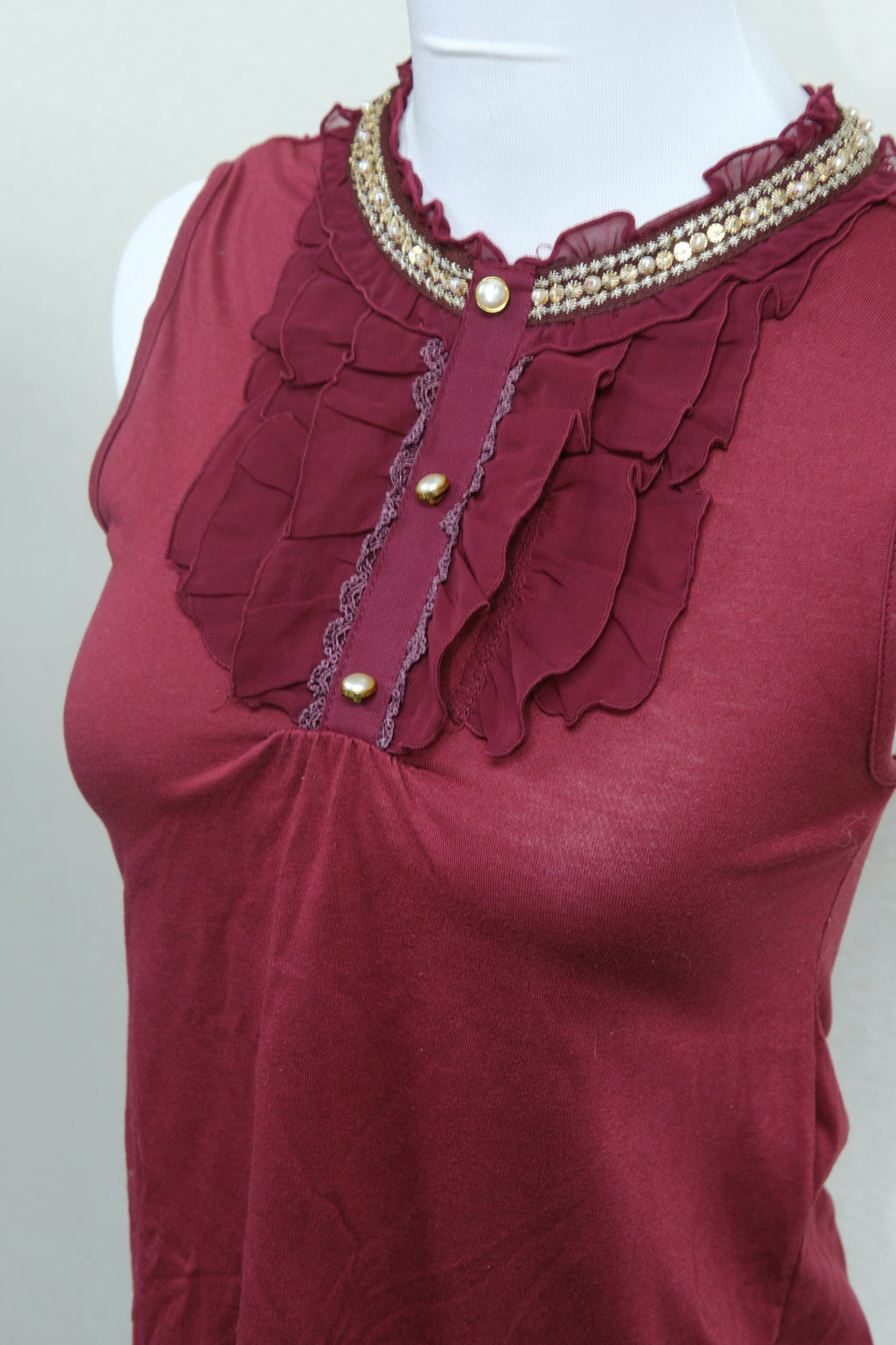Burgundy Ruffle Neck Beaded Sleeveless Blouse