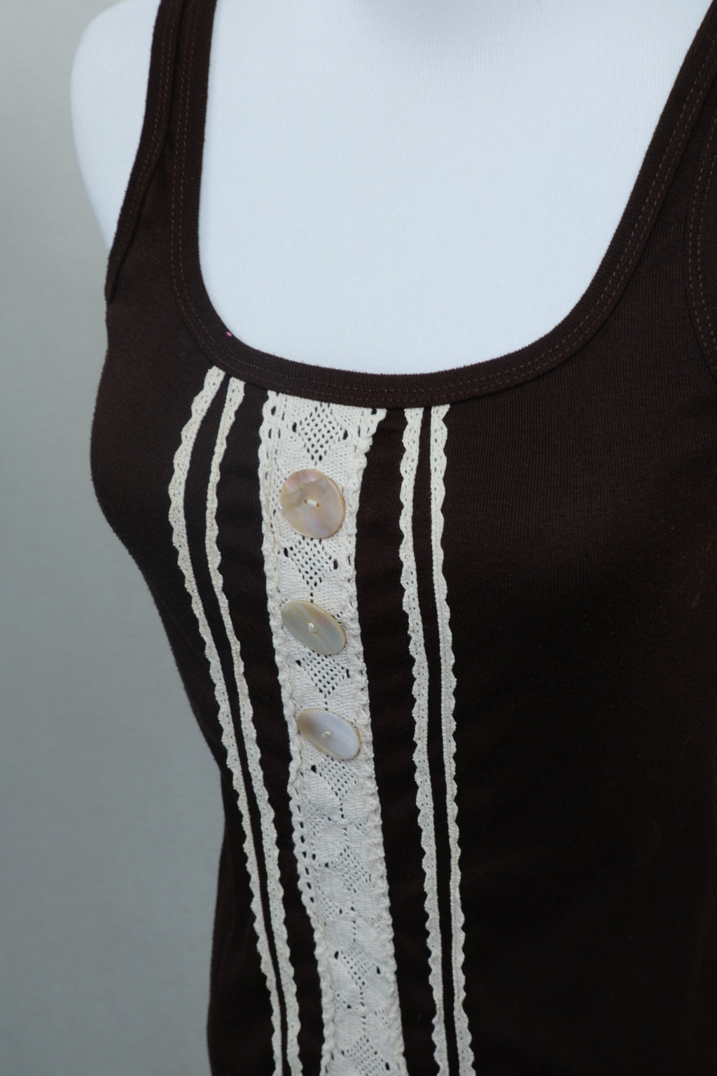 Brown Tank Top with Cream Lace & Shell Buttons