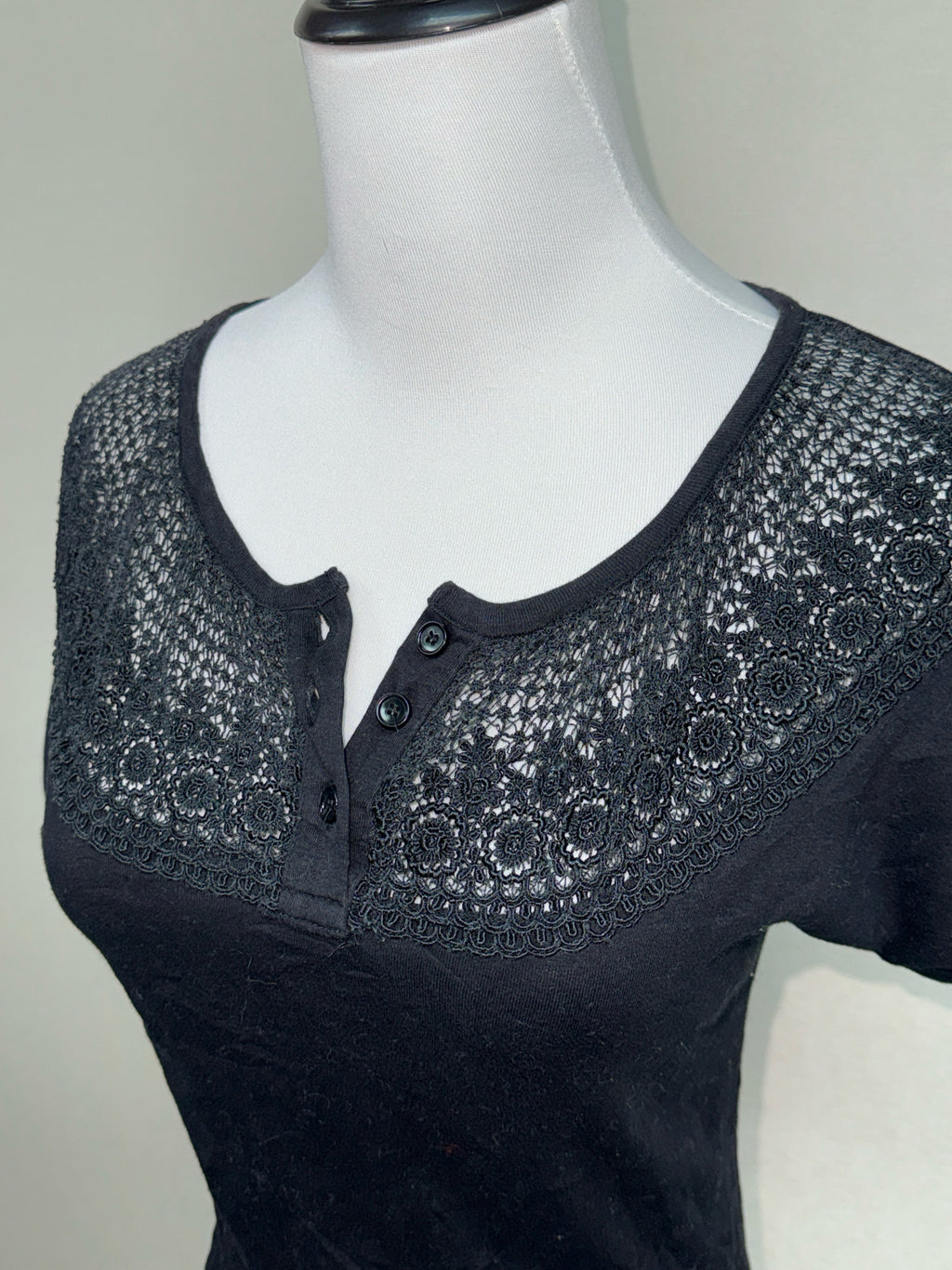 Black Lace Yoke Henley Short Sleeve Tee