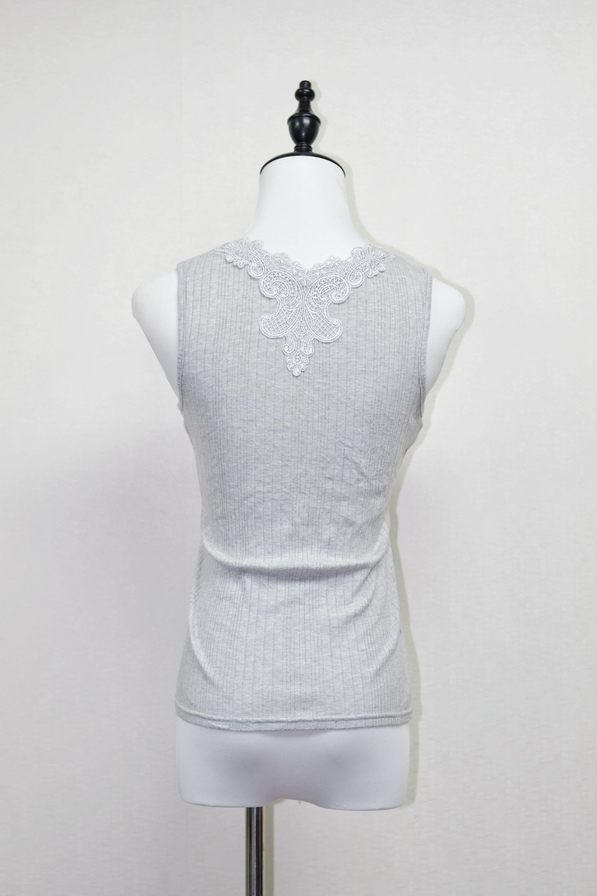 Light Grey Ribbed Henley Tank with Lace Back
