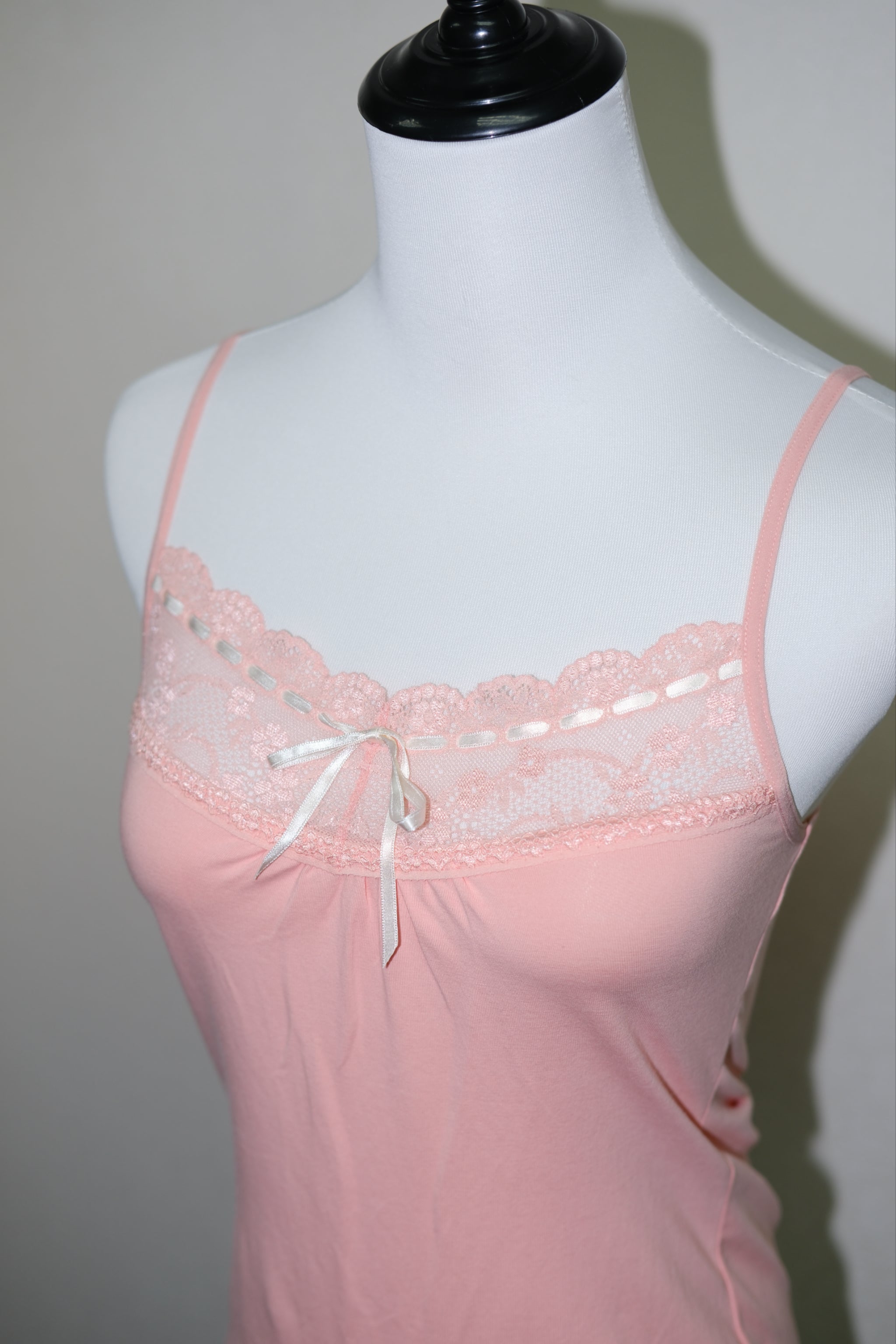 Pink Lace Trim Cami with White Ribbon Bow
