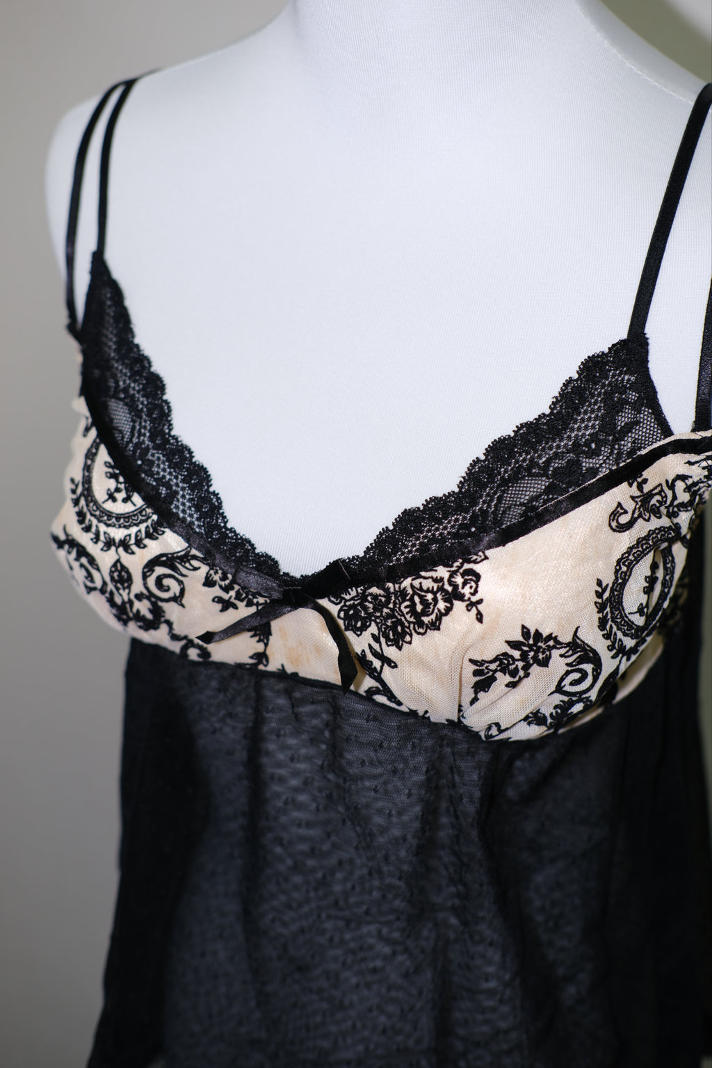 Black Mesh Camisole with Beige Floral Lace Bust