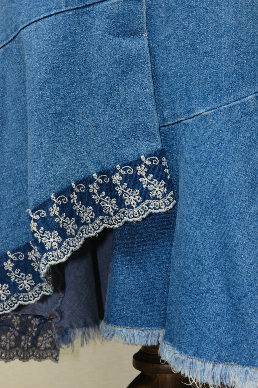 Blue Denim Asymmetrical Skirt with Lace Trim