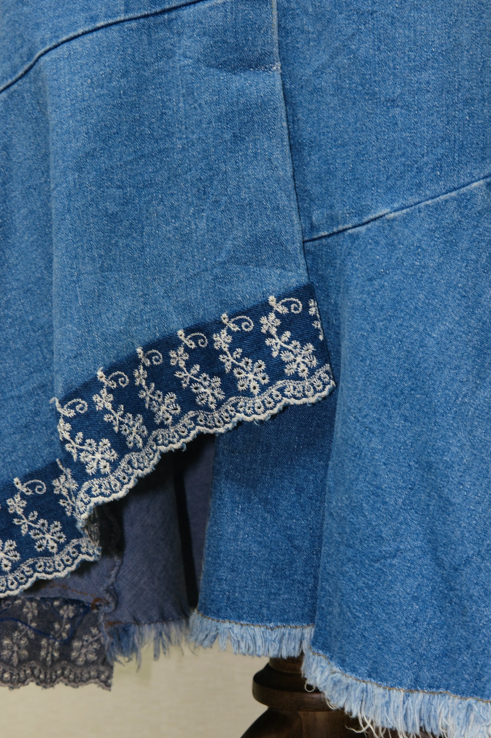 Blue Denim Asymmetrical Skirt with Lace Trim